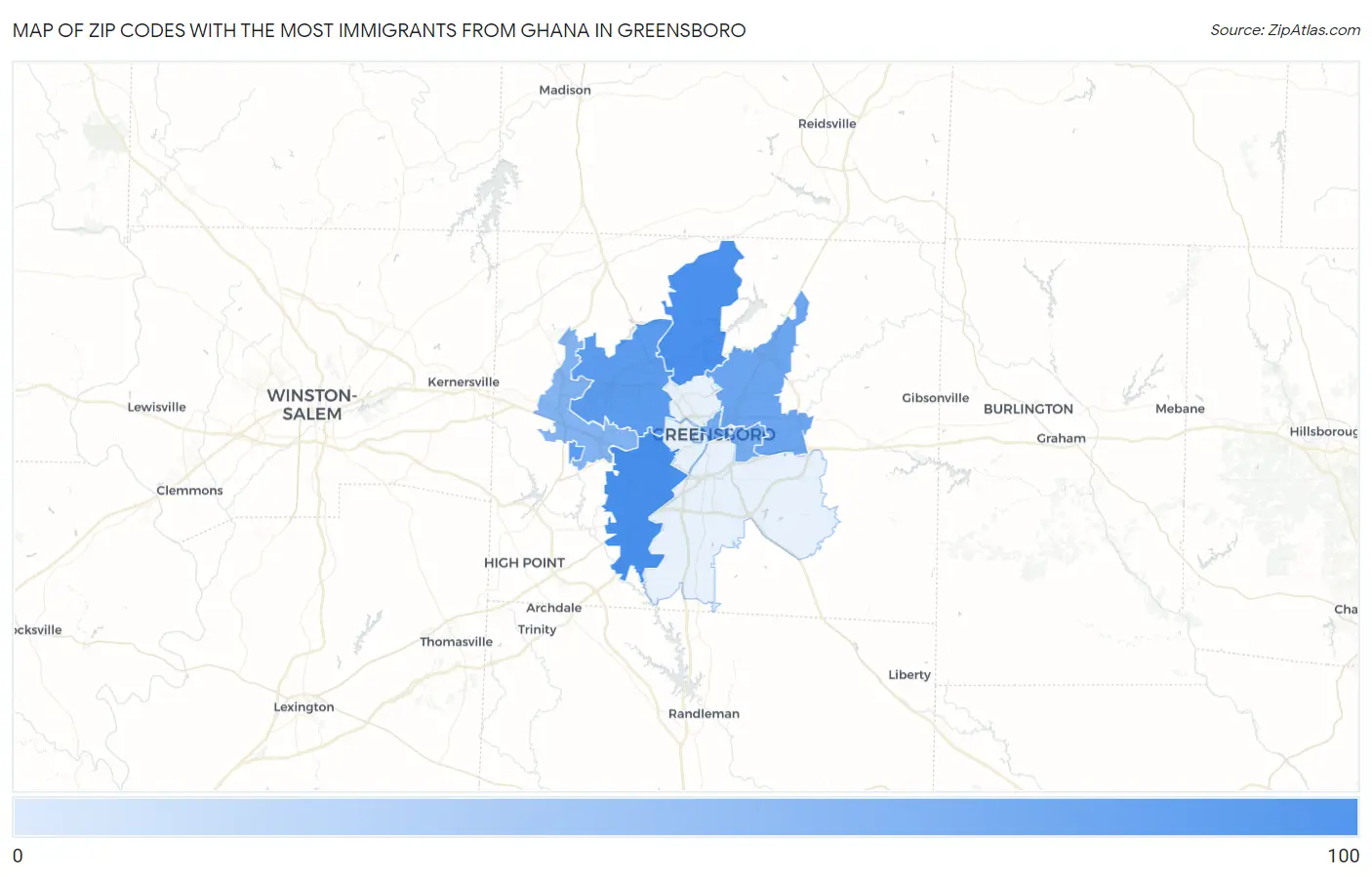 Zip Codes with the Most Immigrants from Ghana in Greensboro Map