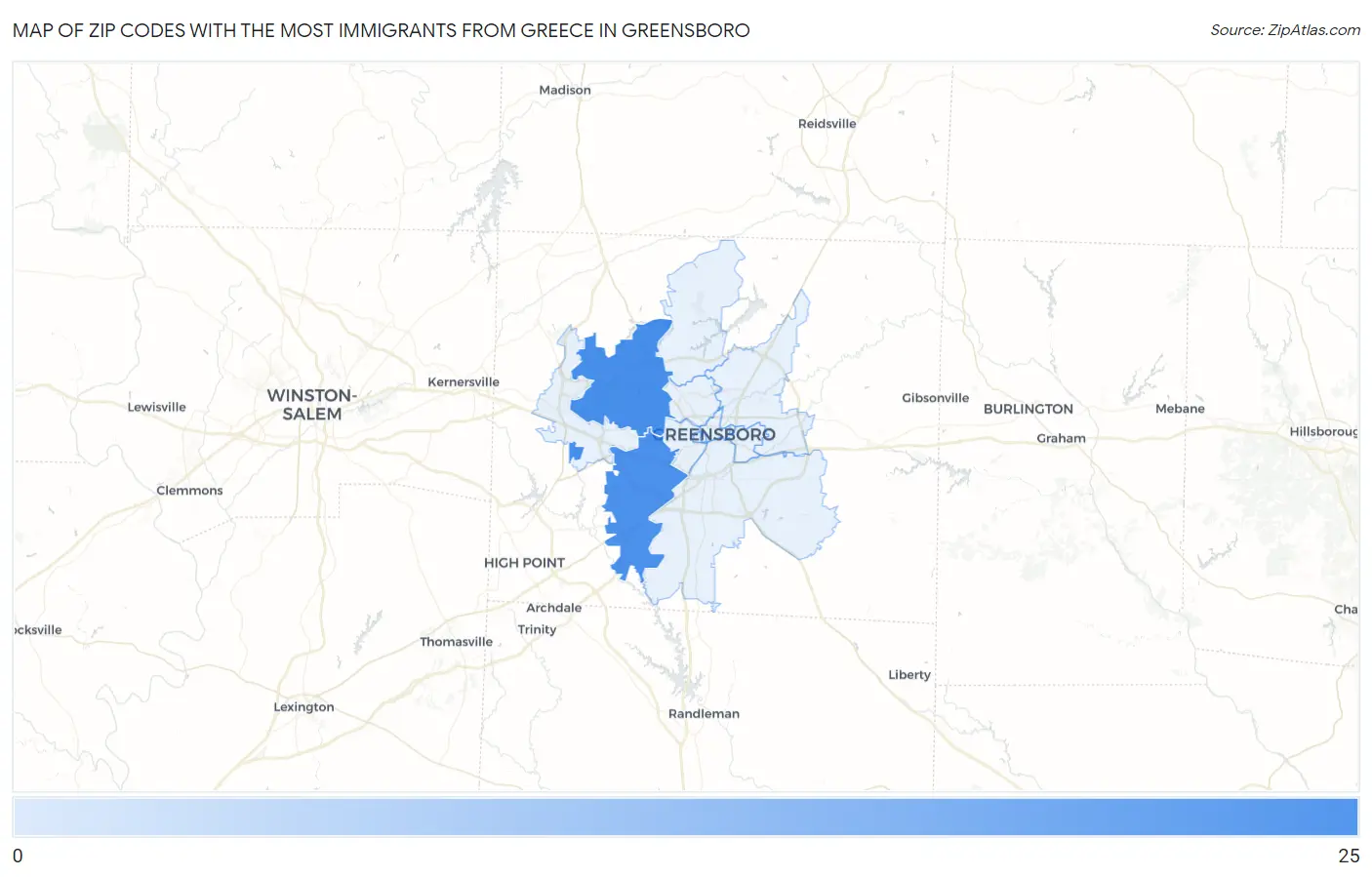 Zip Codes with the Most Immigrants from Greece in Greensboro Map