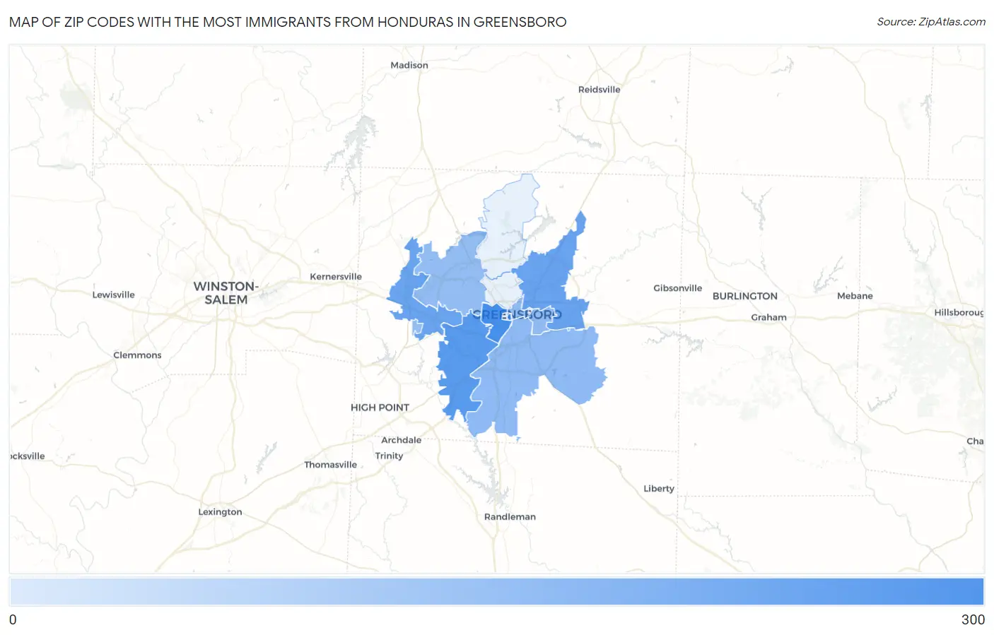 Zip Codes with the Most Immigrants from Honduras in Greensboro Map