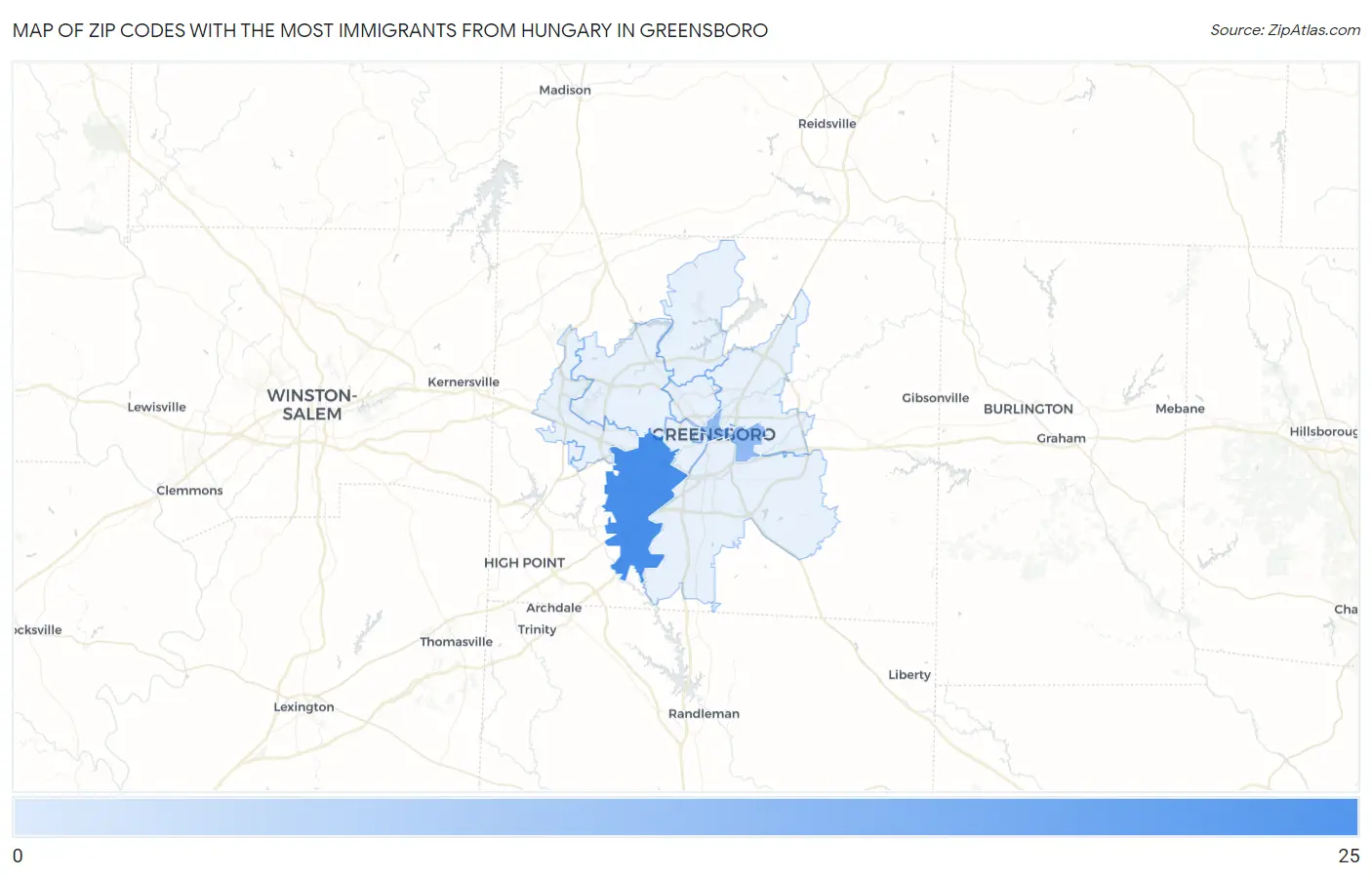 Zip Codes with the Most Immigrants from Hungary in Greensboro Map