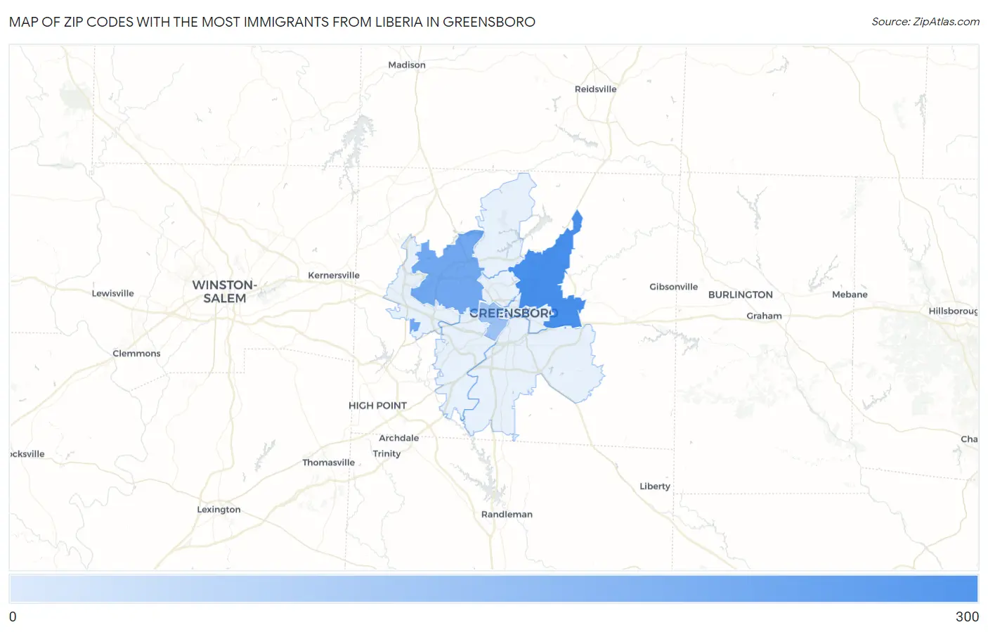 Zip Codes with the Most Immigrants from Liberia in Greensboro Map