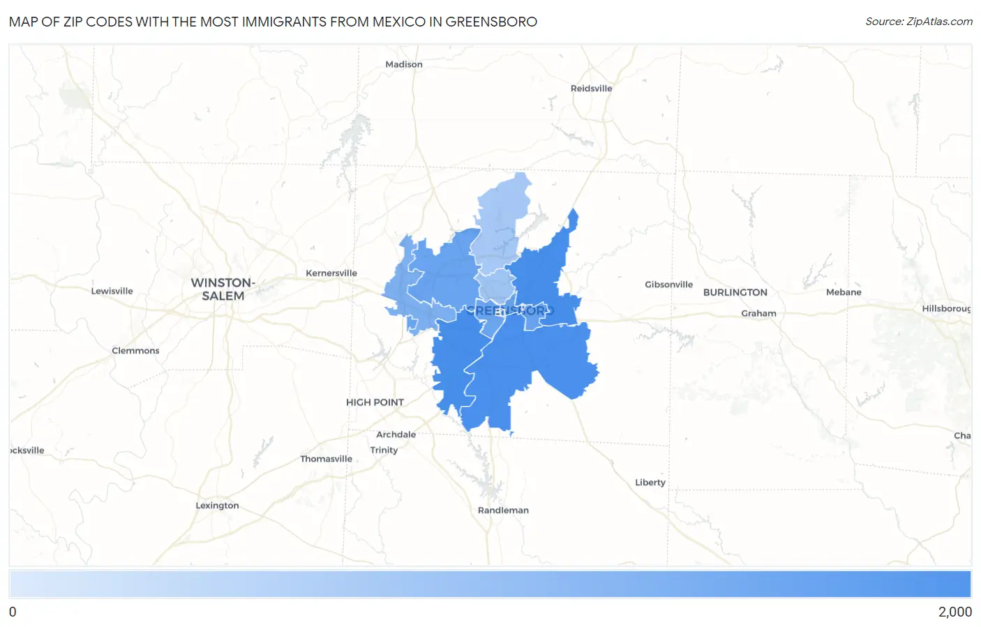 Zip Codes with the Most Immigrants from Mexico in Greensboro Map