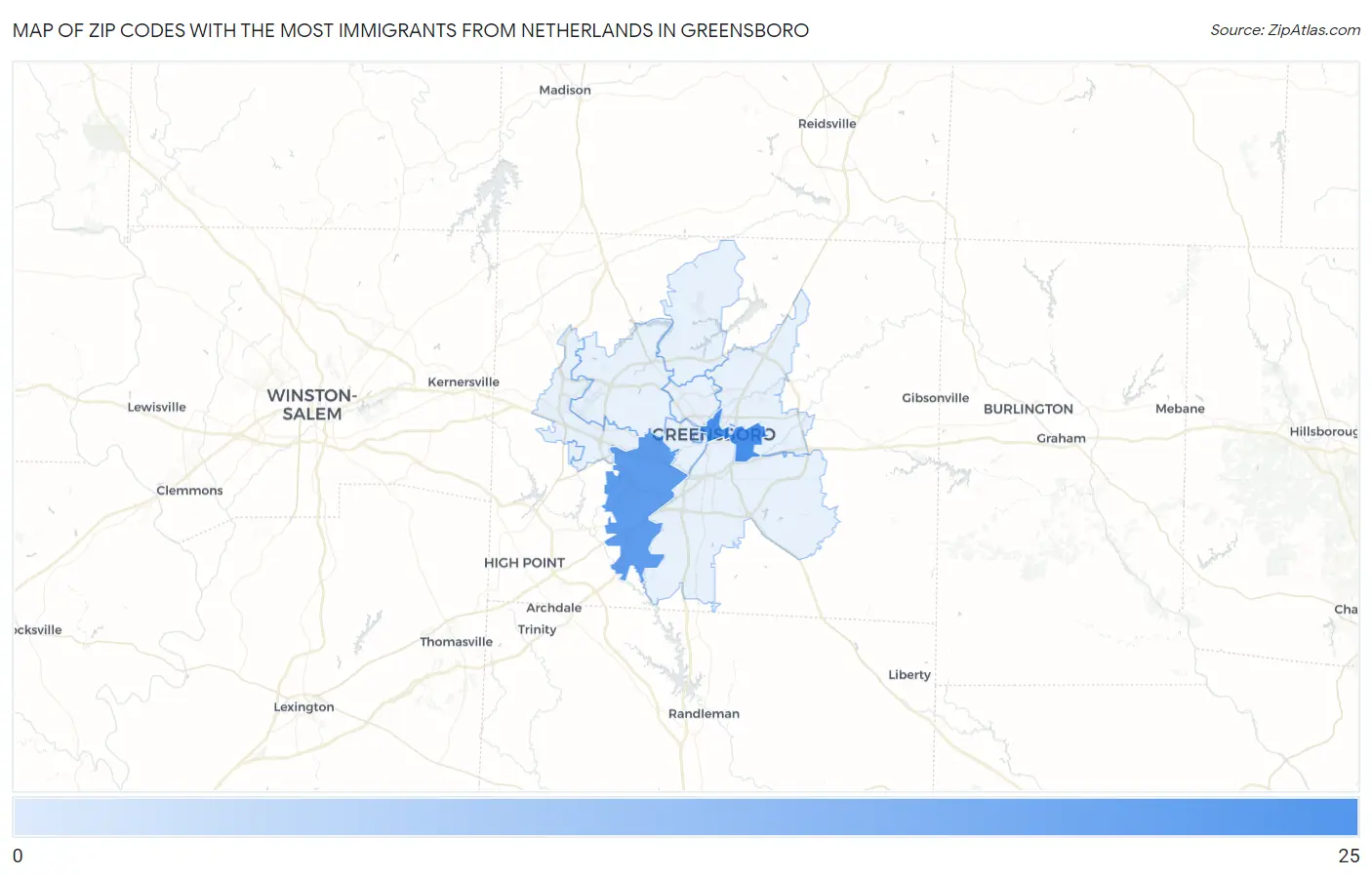Zip Codes with the Most Immigrants from Netherlands in Greensboro Map