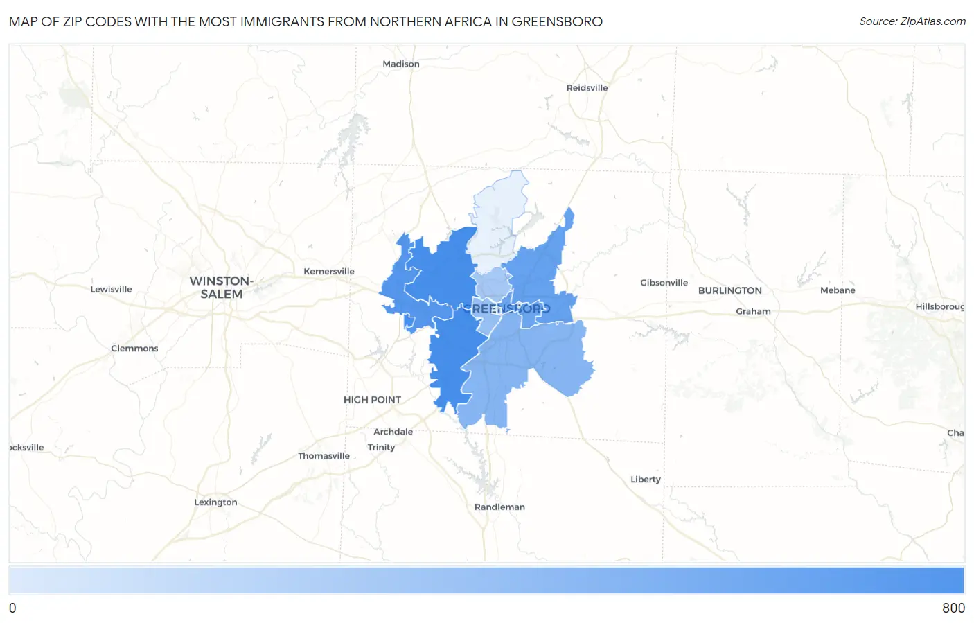 Zip Codes with the Most Immigrants from Northern Africa in Greensboro Map