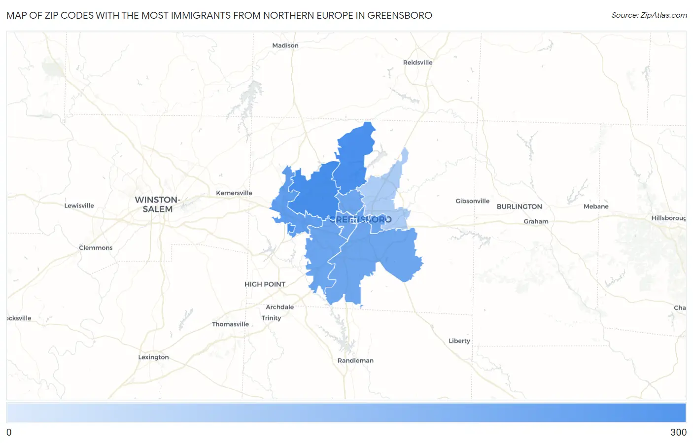 Zip Codes with the Most Immigrants from Northern Europe in Greensboro Map