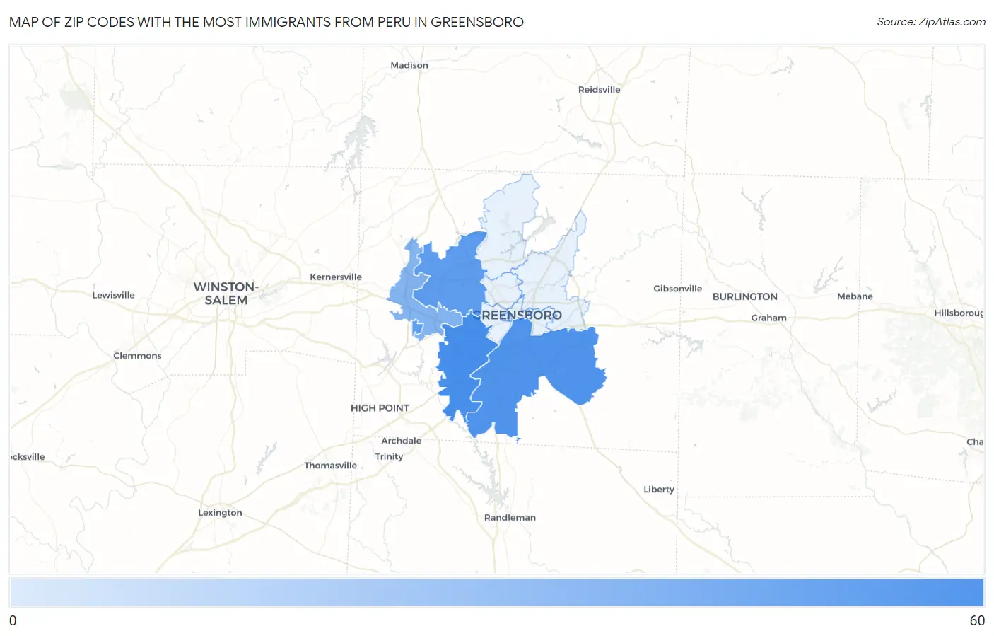 Zip Codes with the Most Immigrants from Peru in Greensboro Map
