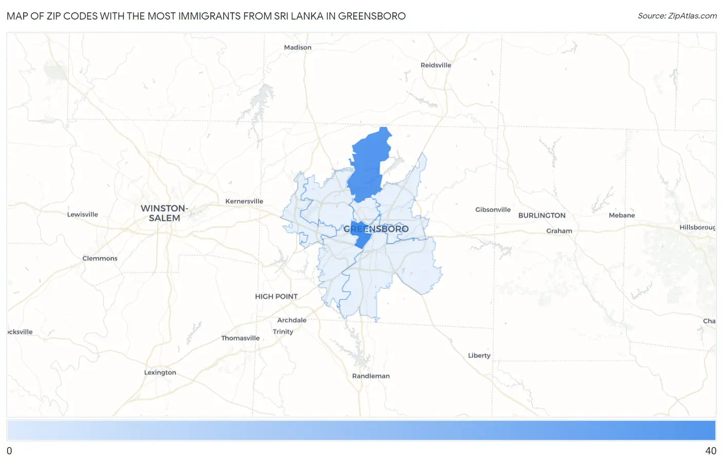 Zip Codes with the Most Immigrants from Sri Lanka in Greensboro Map