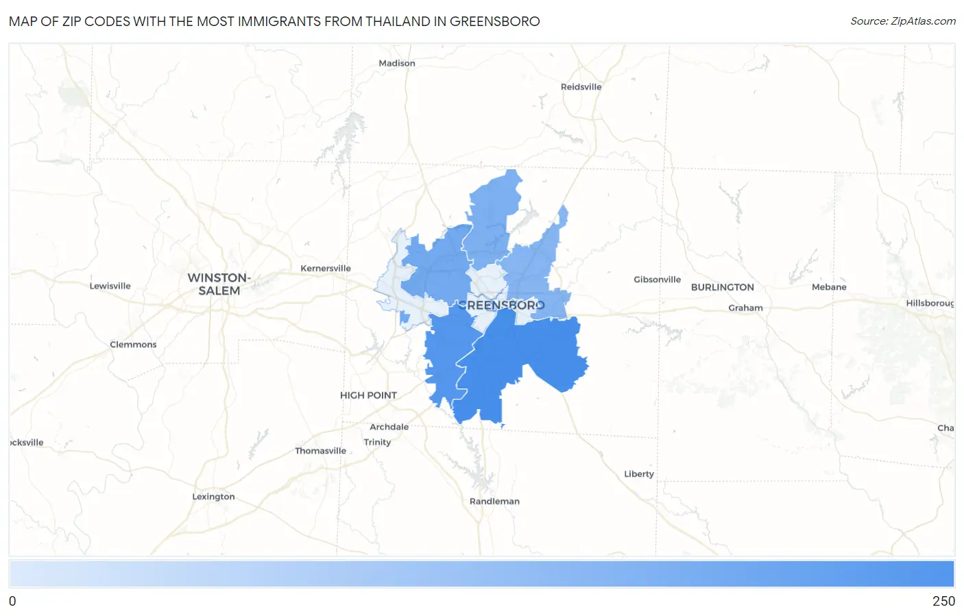 Zip Codes with the Most Immigrants from Thailand in Greensboro Map