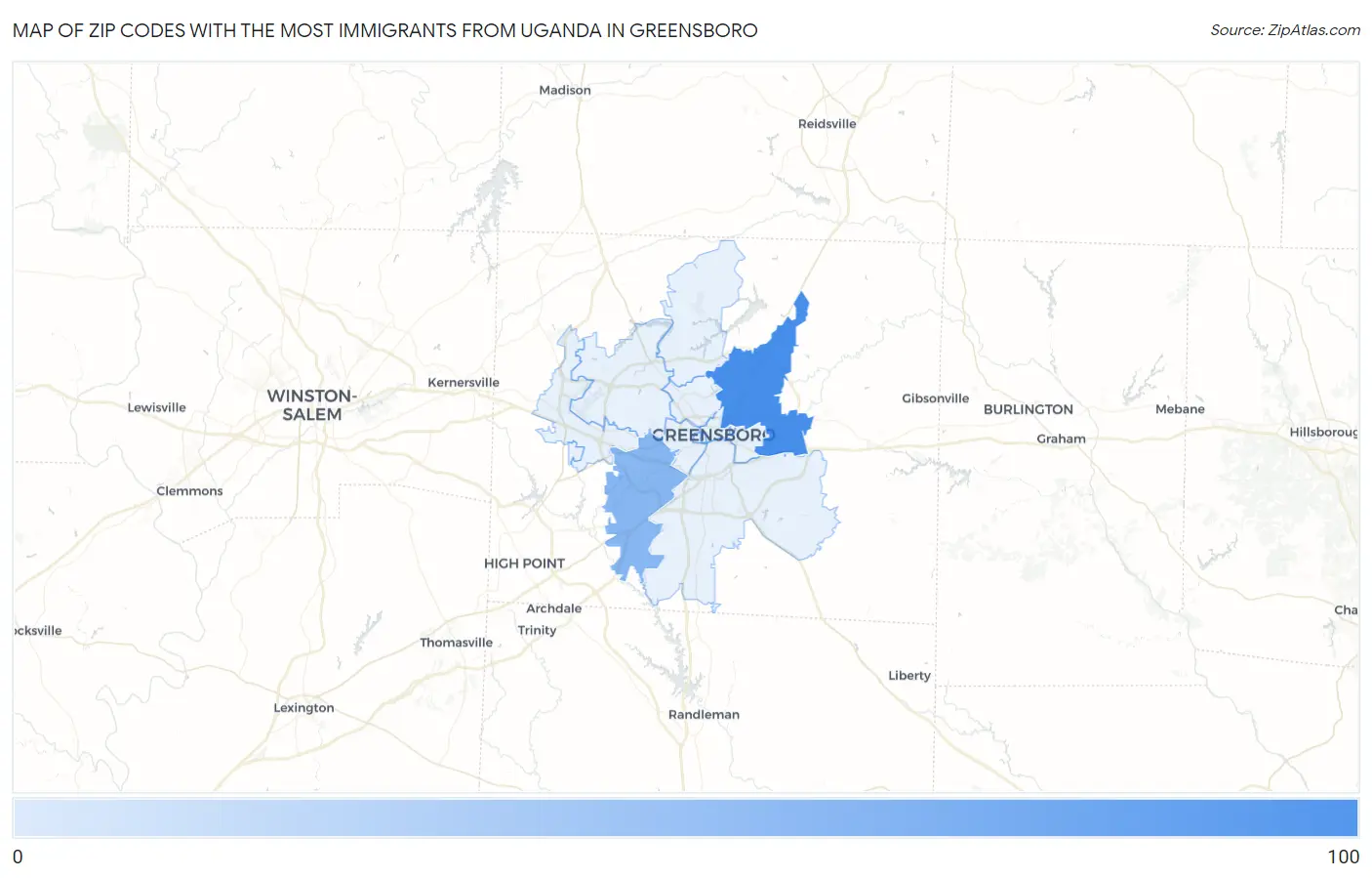 Zip Codes with the Most Immigrants from Uganda in Greensboro Map