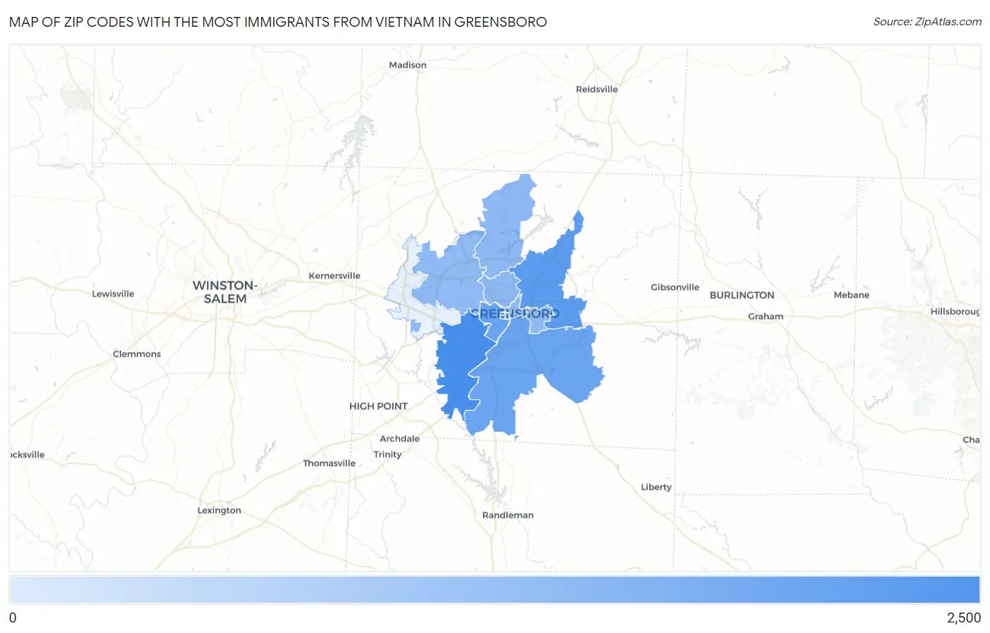Zip Codes with the Most Immigrants from Vietnam in Greensboro Map