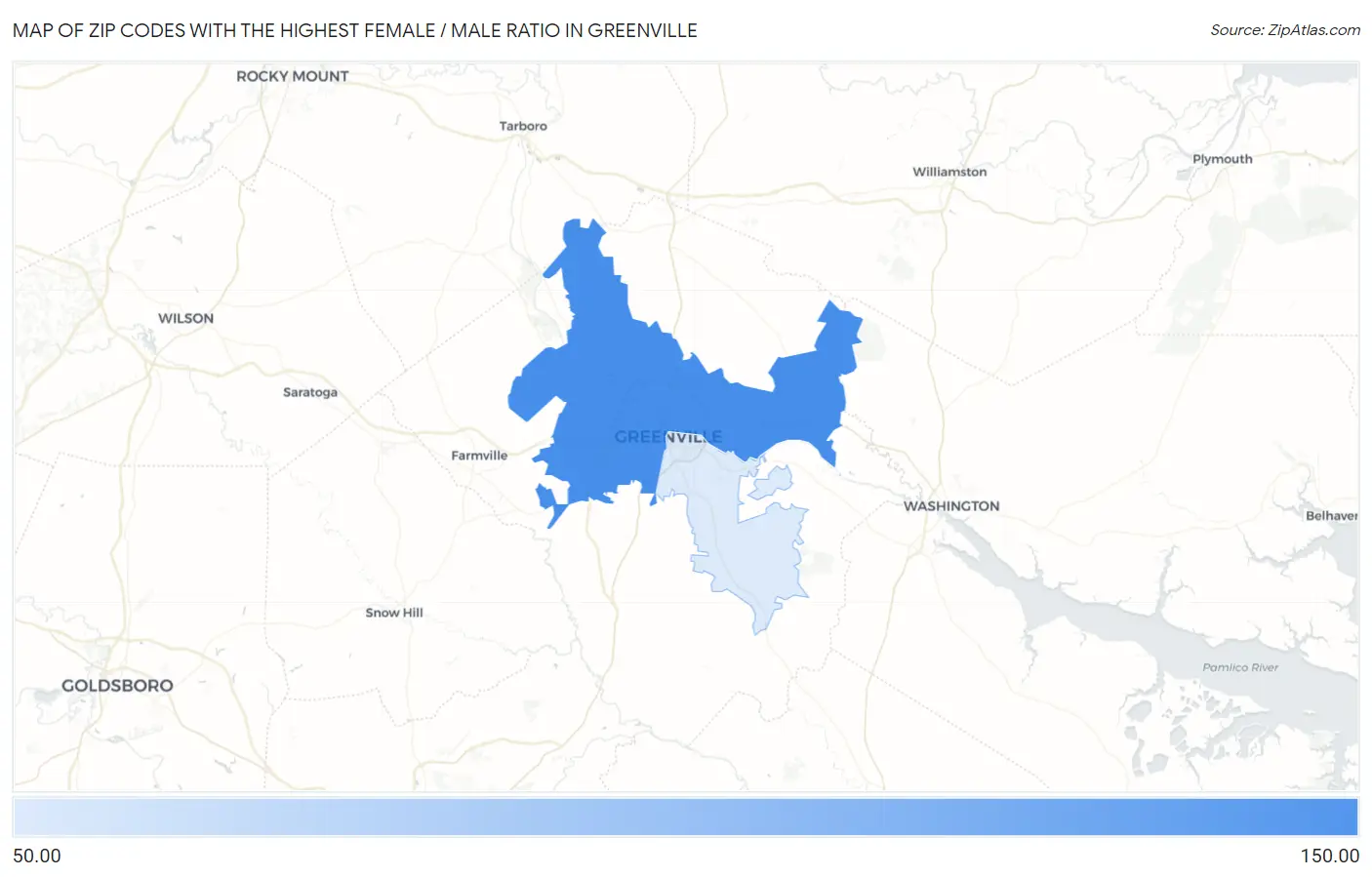 Zip Codes with the Highest Female / Male Ratio in Greenville Map