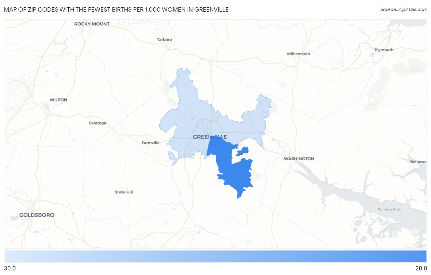 Zip Codes with the Fewest Births per 1,000 Women in Greenville Map