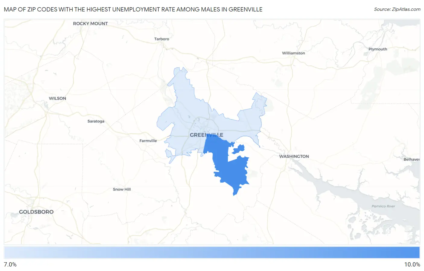 Zip Codes with the Highest Unemployment Rate Among Males in Greenville Map