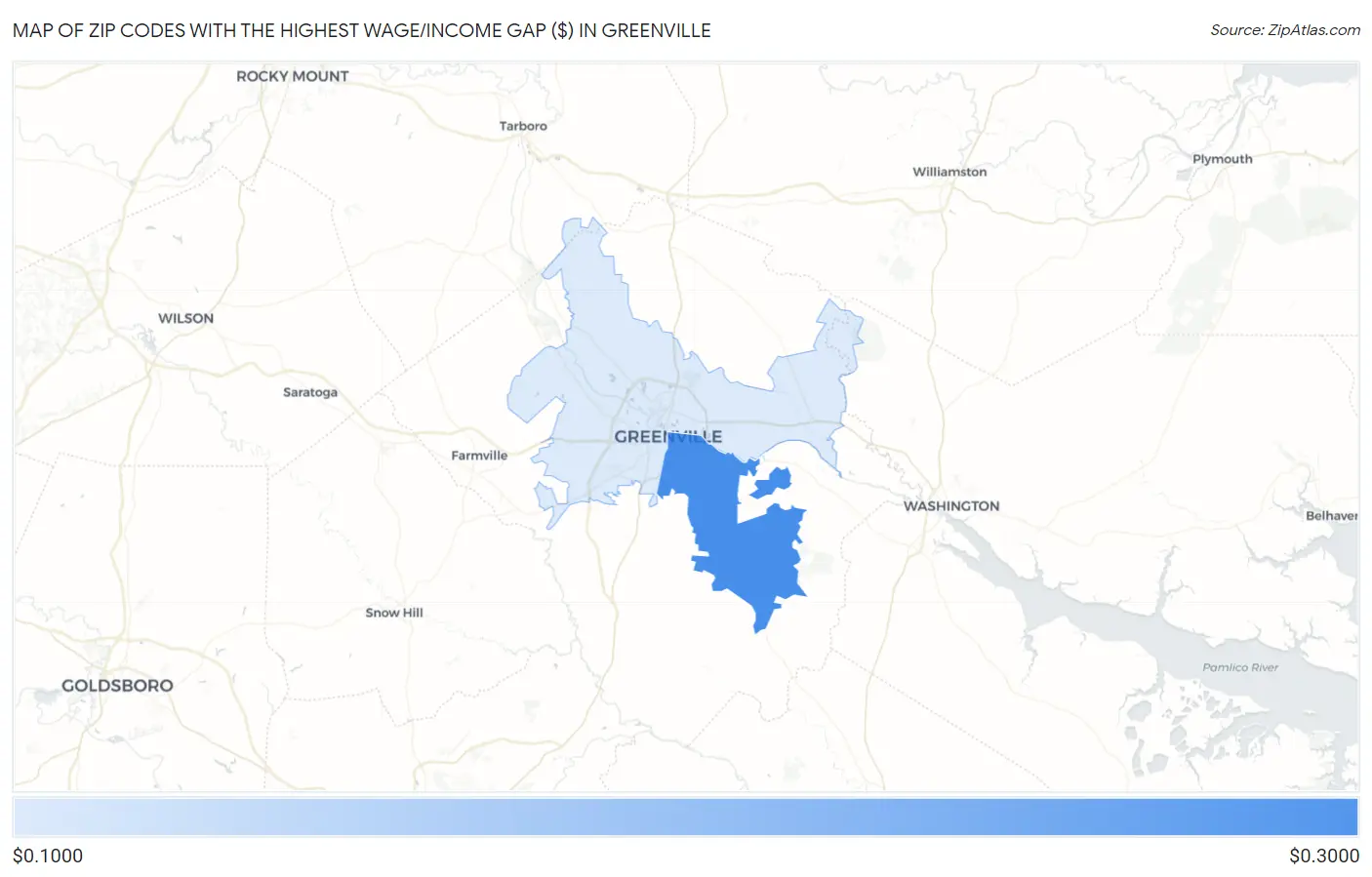 Zip Codes with the Highest Wage/Income Gap ($) in Greenville Map