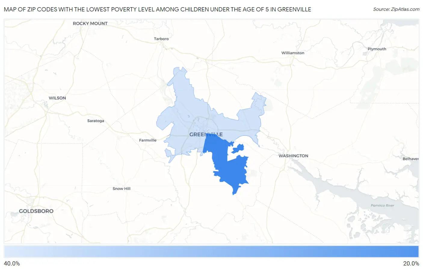 Zip Codes with the Lowest Poverty Level Among Children Under the Age of 5 in Greenville Map