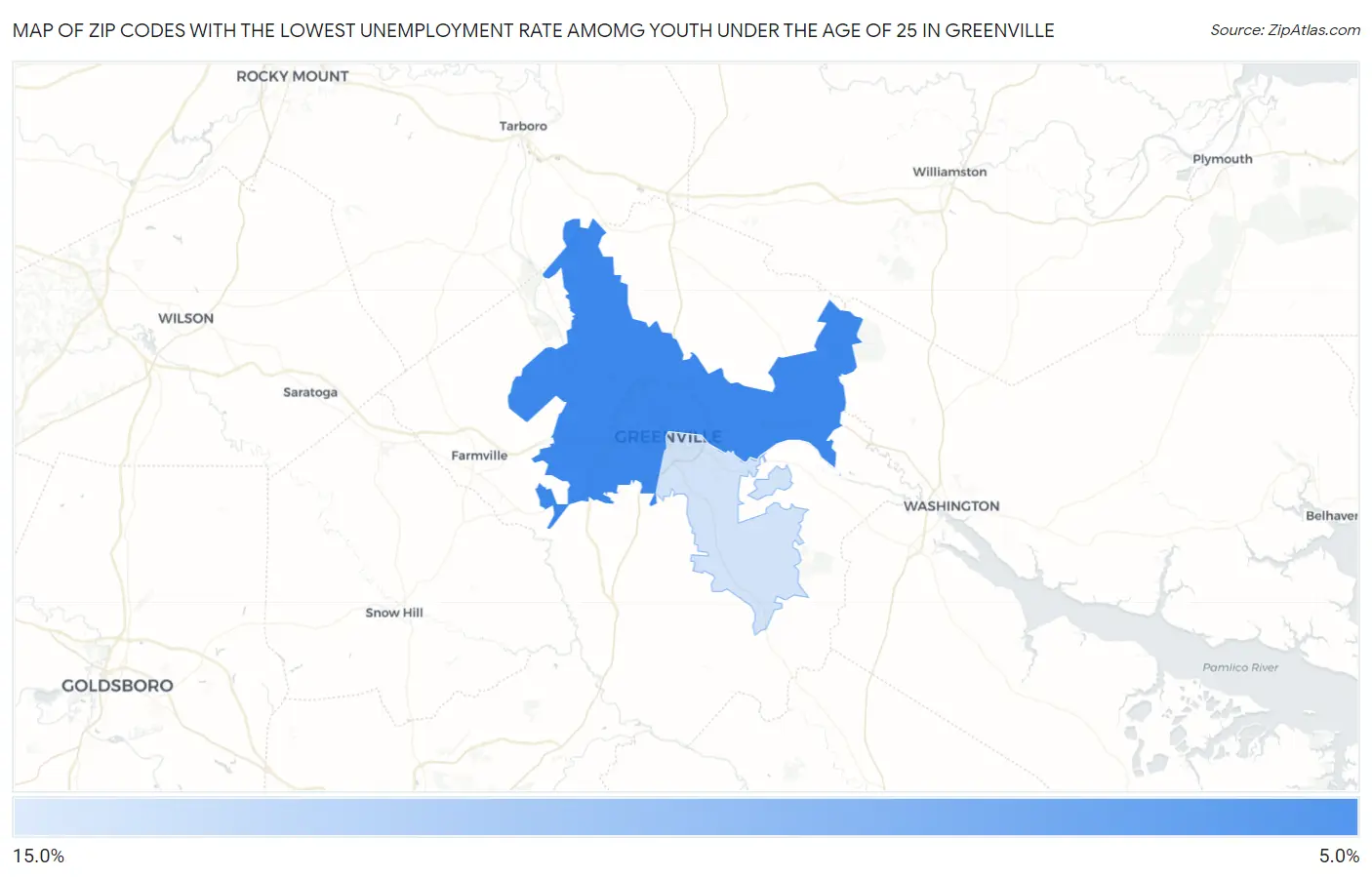Zip Codes with the Lowest Unemployment Rate Amomg Youth Under the Age of 25 in Greenville Map