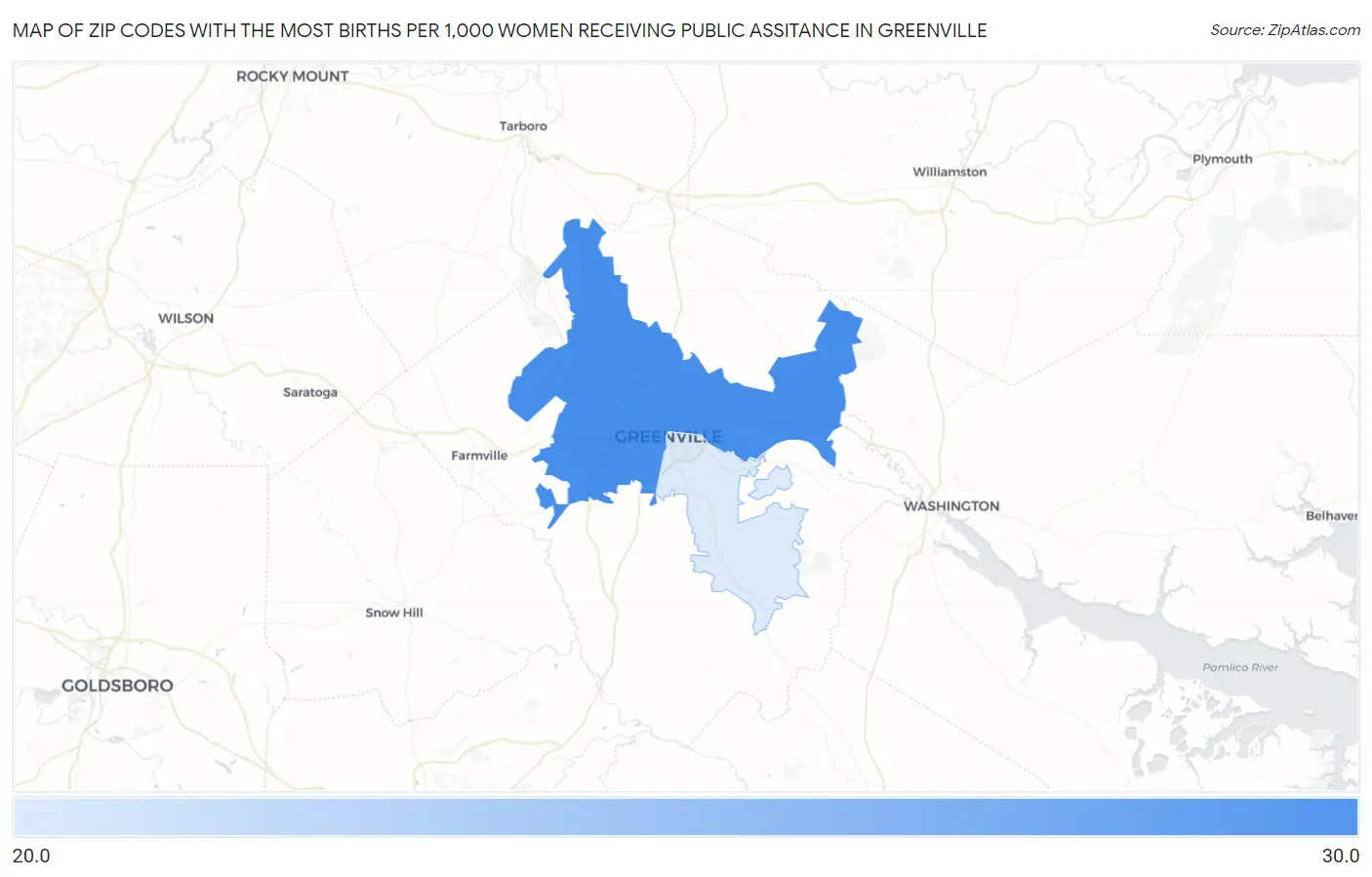 Zip Codes with the Most Births per 1,000 Women Receiving Public Assitance in Greenville Map