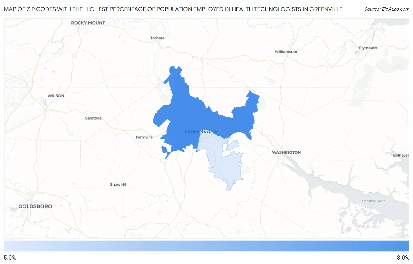 Zip Codes with the Highest Percentage of Population Employed in Health Technologists in Greenville Map