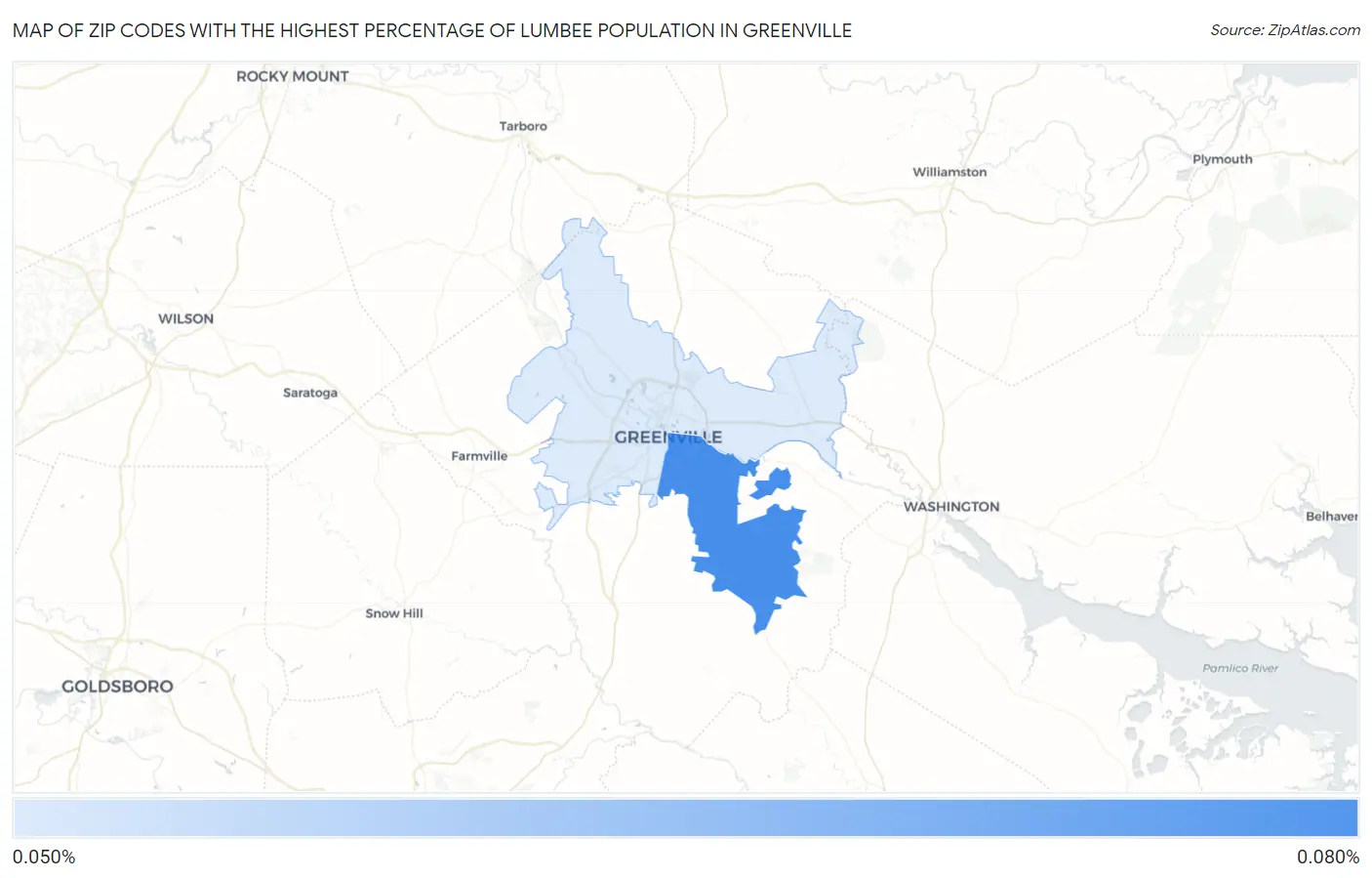 Zip Codes with the Highest Percentage of Lumbee Population in Greenville Map
