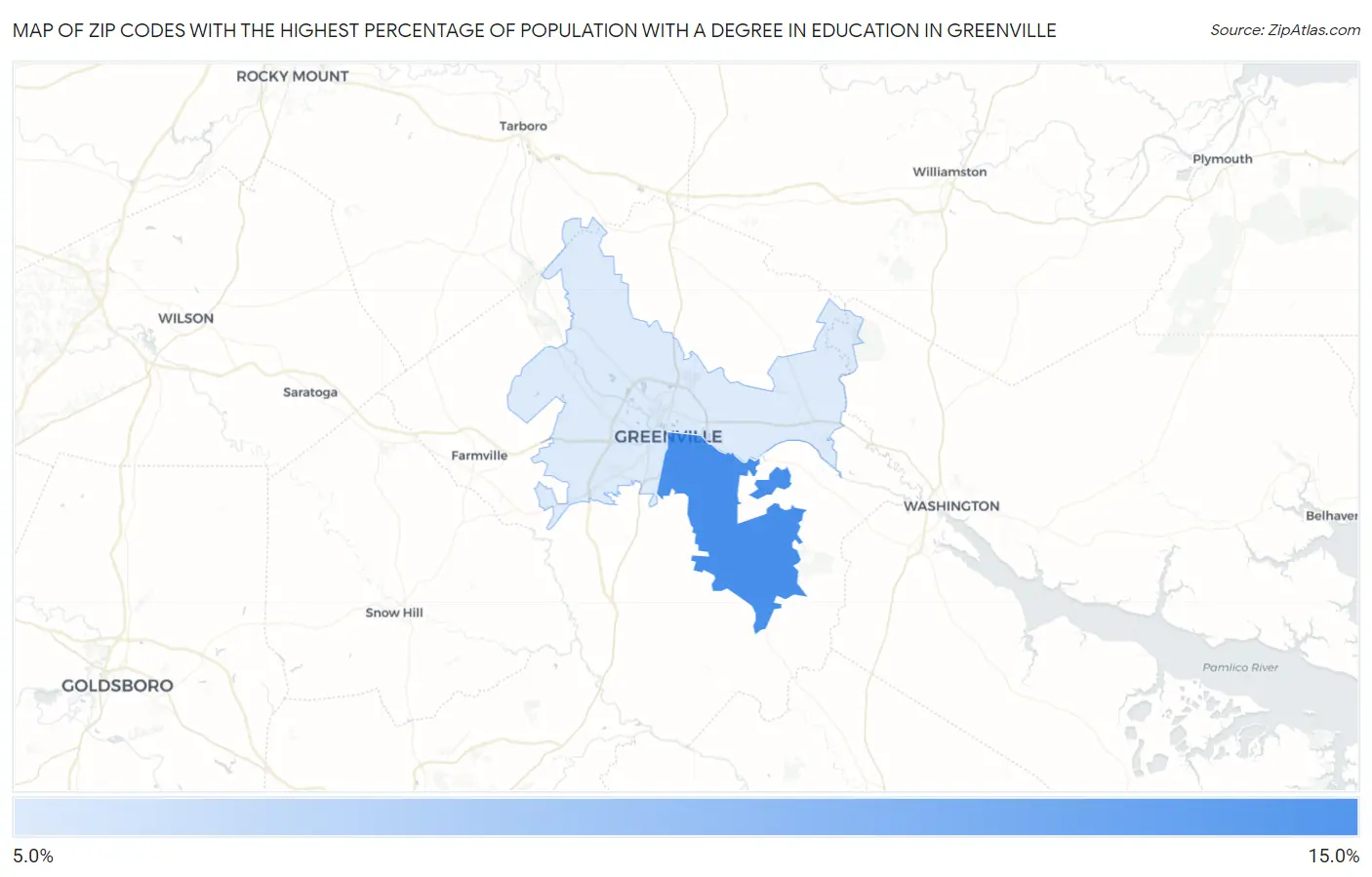 Zip Codes with the Highest Percentage of Population with a Degree in Education in Greenville Map
