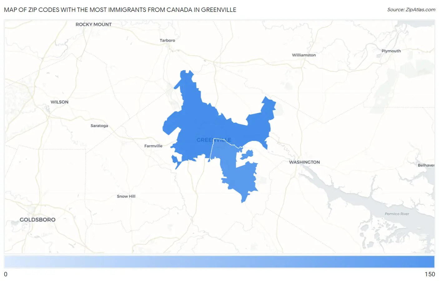 Zip Codes with the Most Immigrants from Canada in Greenville Map