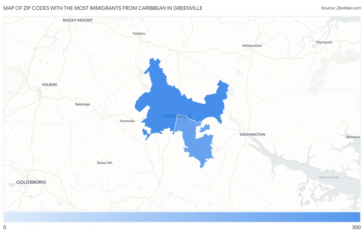 Zip Codes with the Most Immigrants from Caribbean in Greenville Map