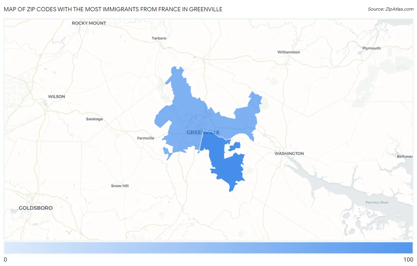 Zip Codes with the Most Immigrants from France in Greenville Map