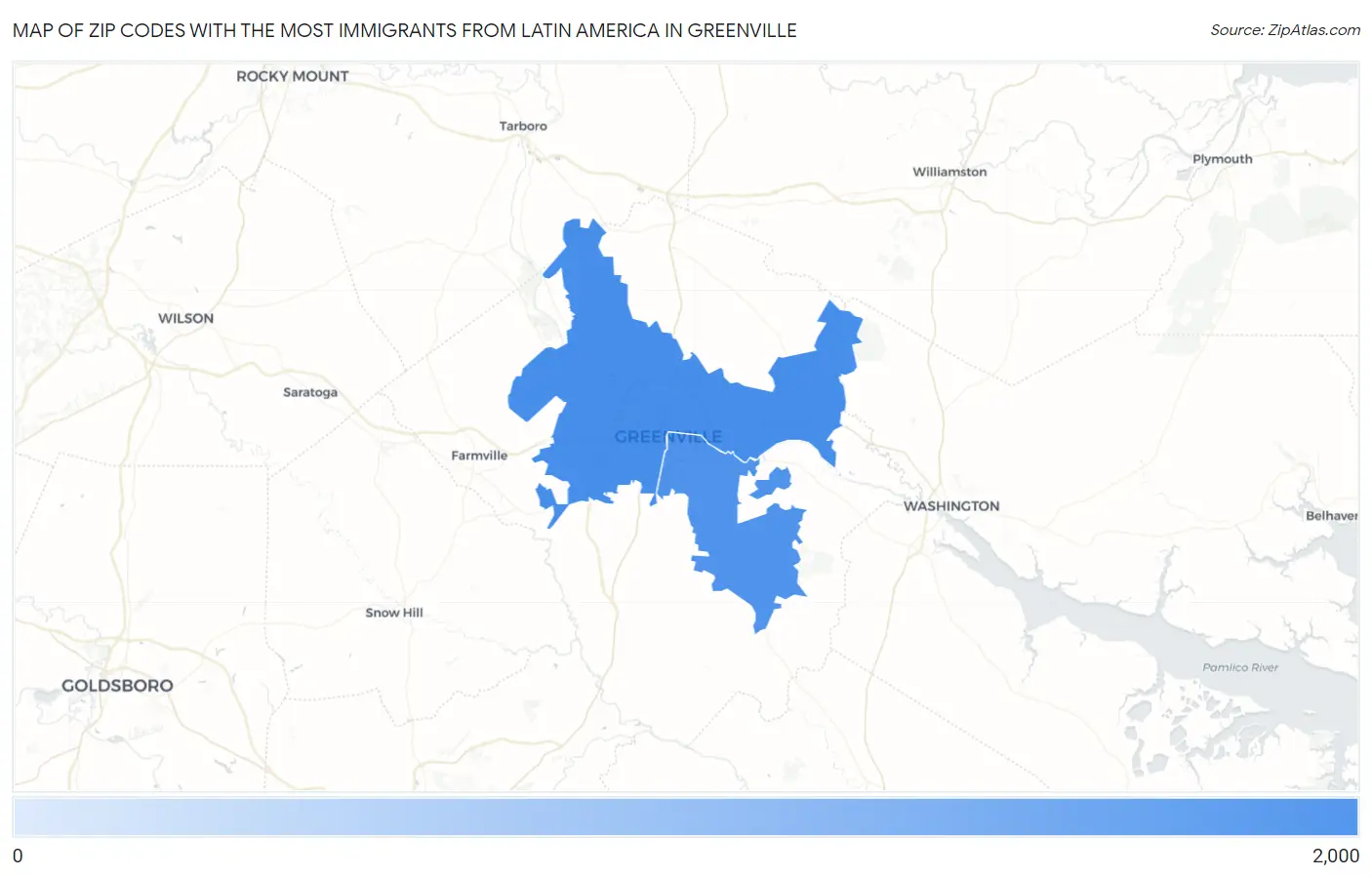 Zip Codes with the Most Immigrants from Latin America in Greenville Map