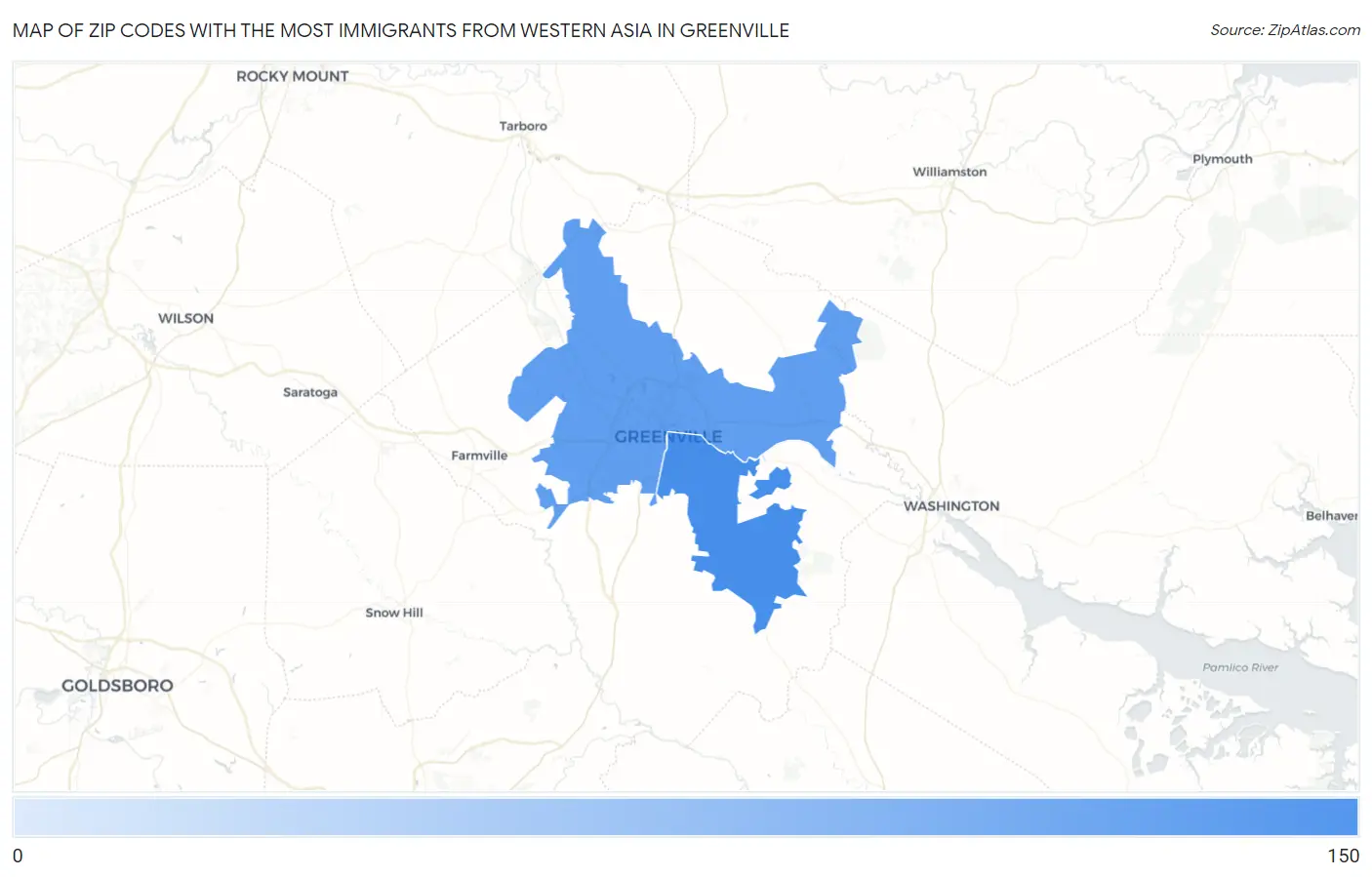 Zip Codes with the Most Immigrants from Western Asia in Greenville Map