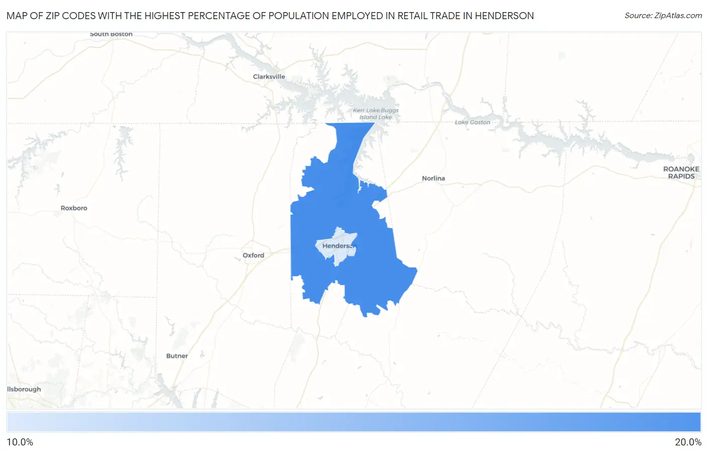Zip Codes with the Highest Percentage of Population Employed in Retail Trade in Henderson Map