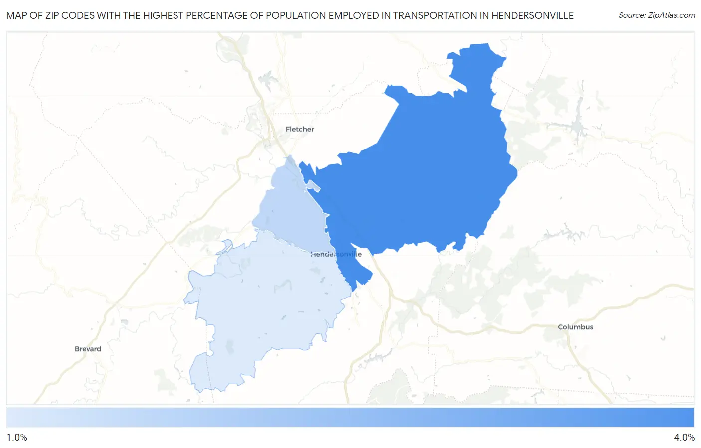 Zip Codes with the Highest Percentage of Population Employed in Transportation in Hendersonville Map