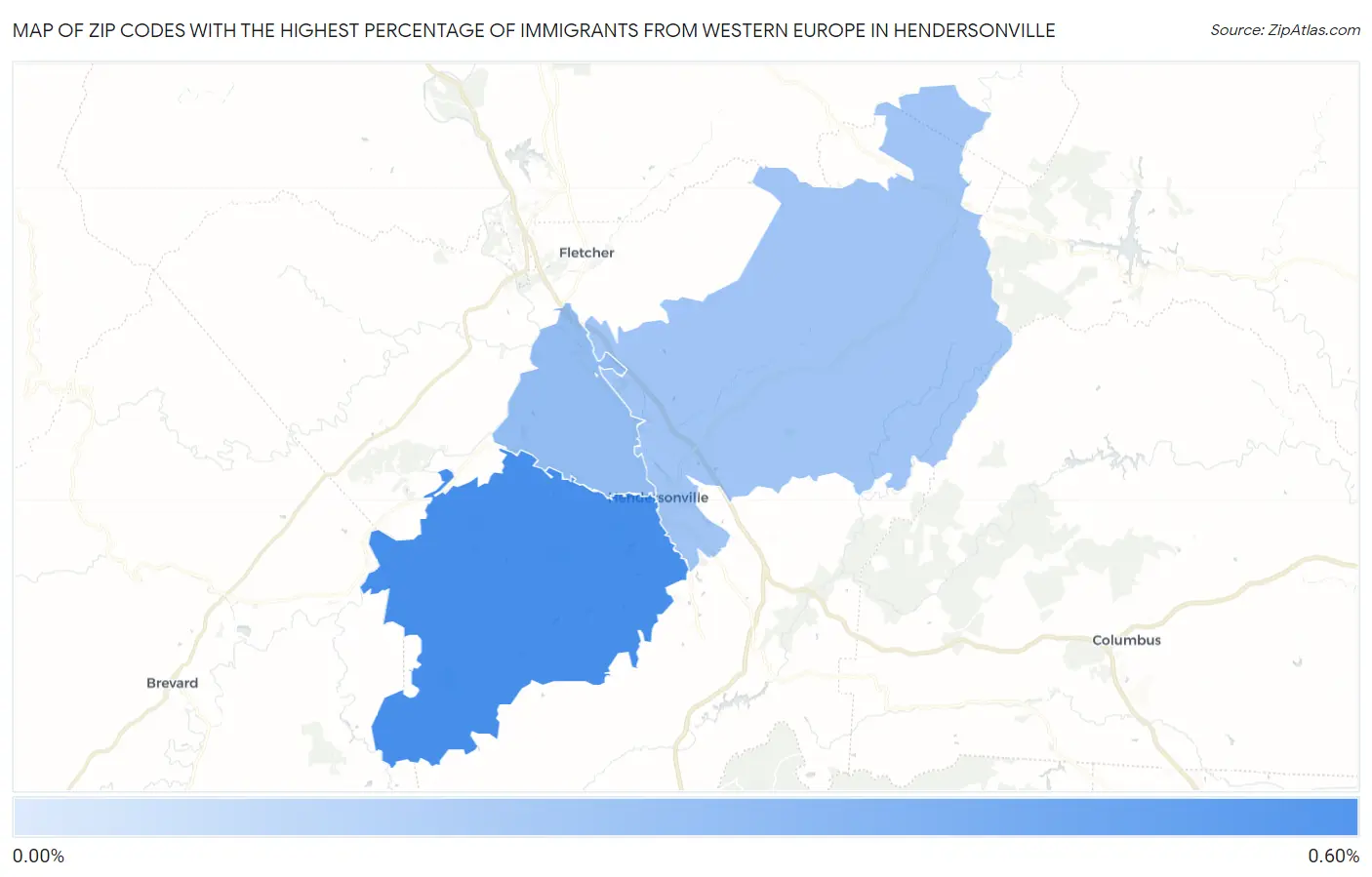 Zip Codes with the Highest Percentage of Immigrants from Western Europe in Hendersonville Map