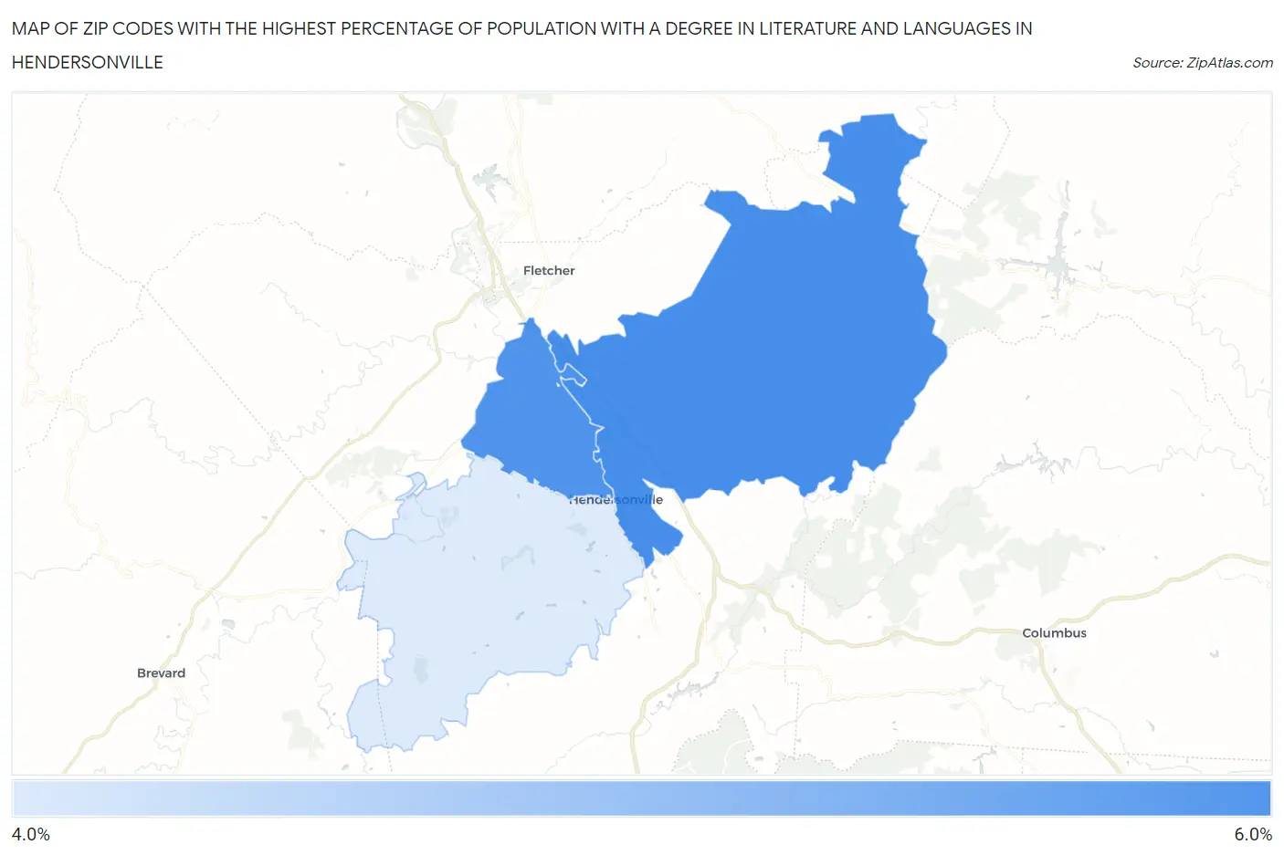 Zip Codes with the Highest Percentage of Population with a Degree in Literature and Languages in Hendersonville Map