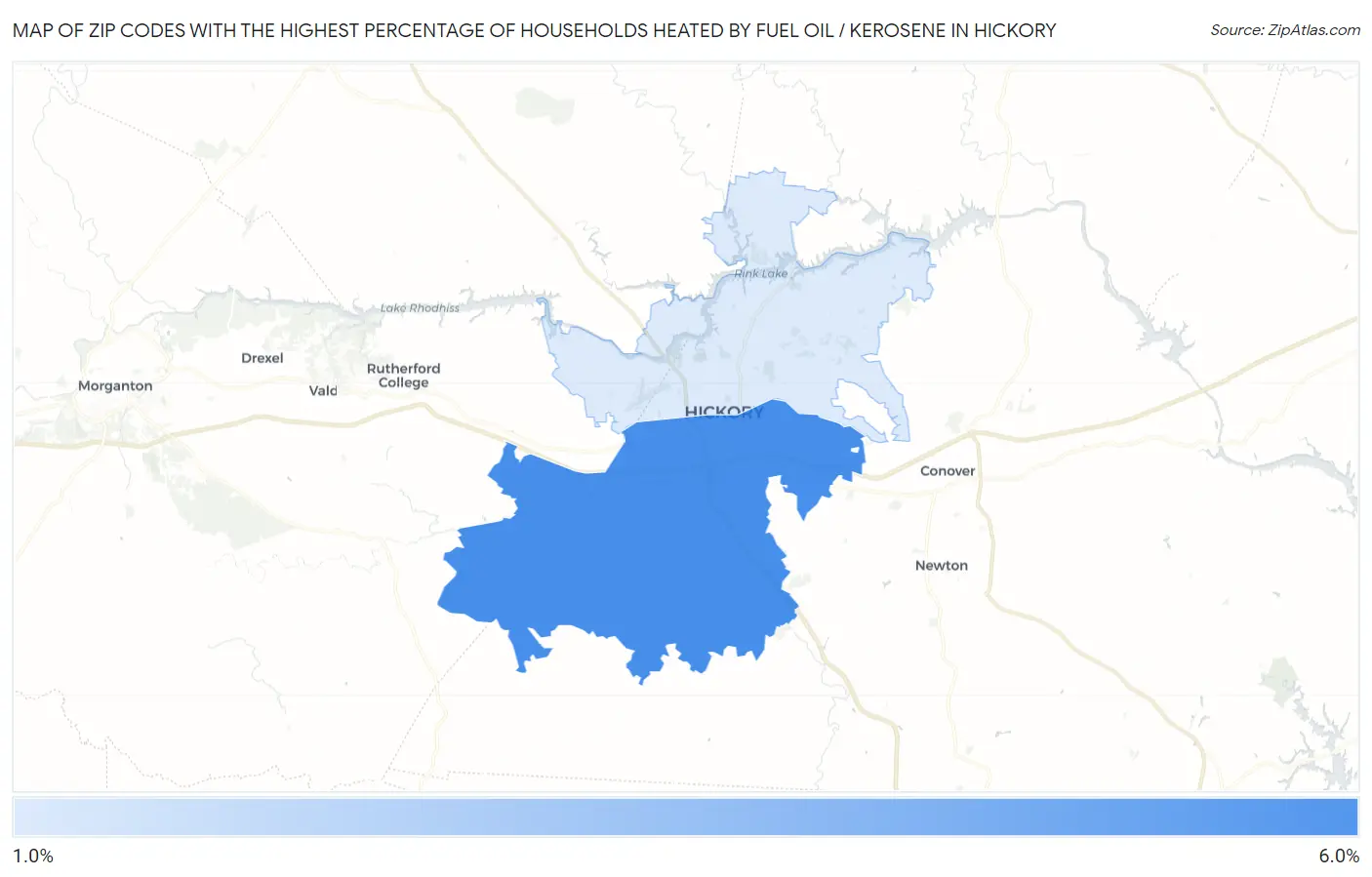 Zip Codes with the Highest Percentage of Households Heated by Fuel Oil / Kerosene in Hickory Map