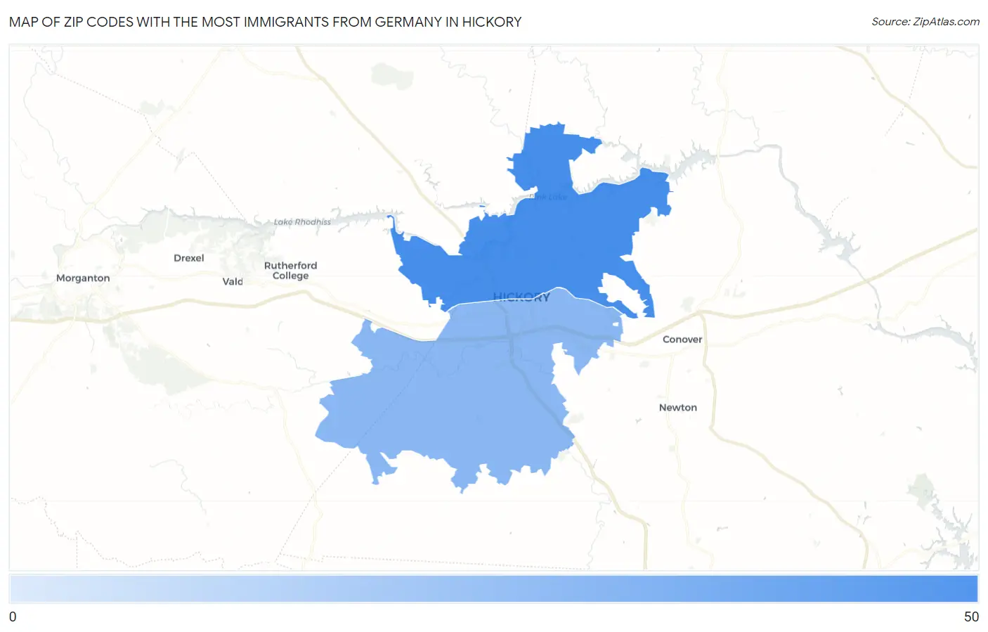 Zip Codes with the Most Immigrants from Germany in Hickory Map