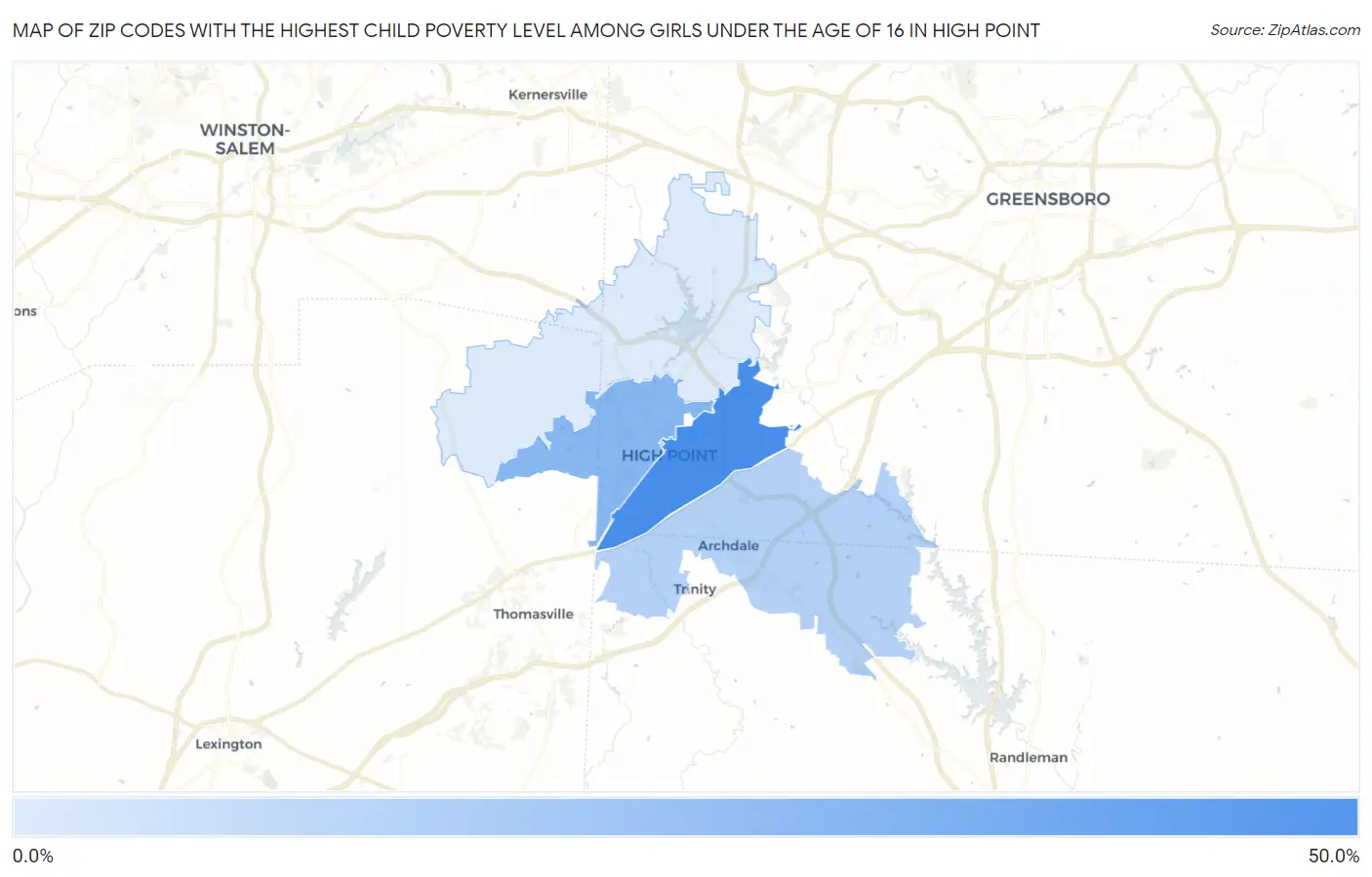 Zip Codes with the Highest Child Poverty Level Among Girls Under the Age of 16 in High Point Map