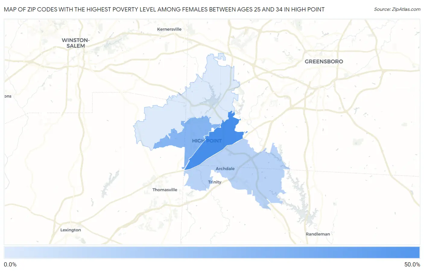 Zip Codes with the Highest Poverty Level Among Females Between Ages 25 and 34 in High Point Map