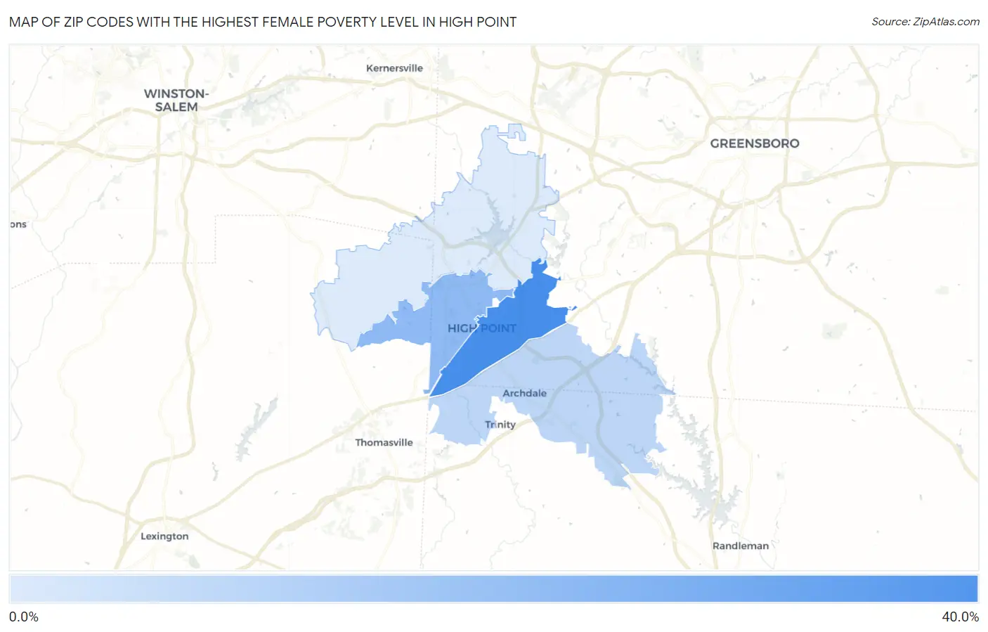 Zip Codes with the Highest Female Poverty Level in High Point Map
