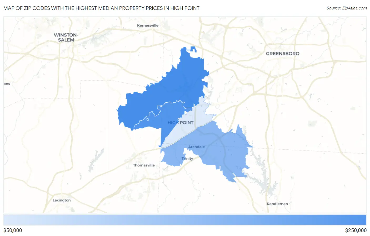 Zip Codes with the Highest Median Property Prices in High Point Map