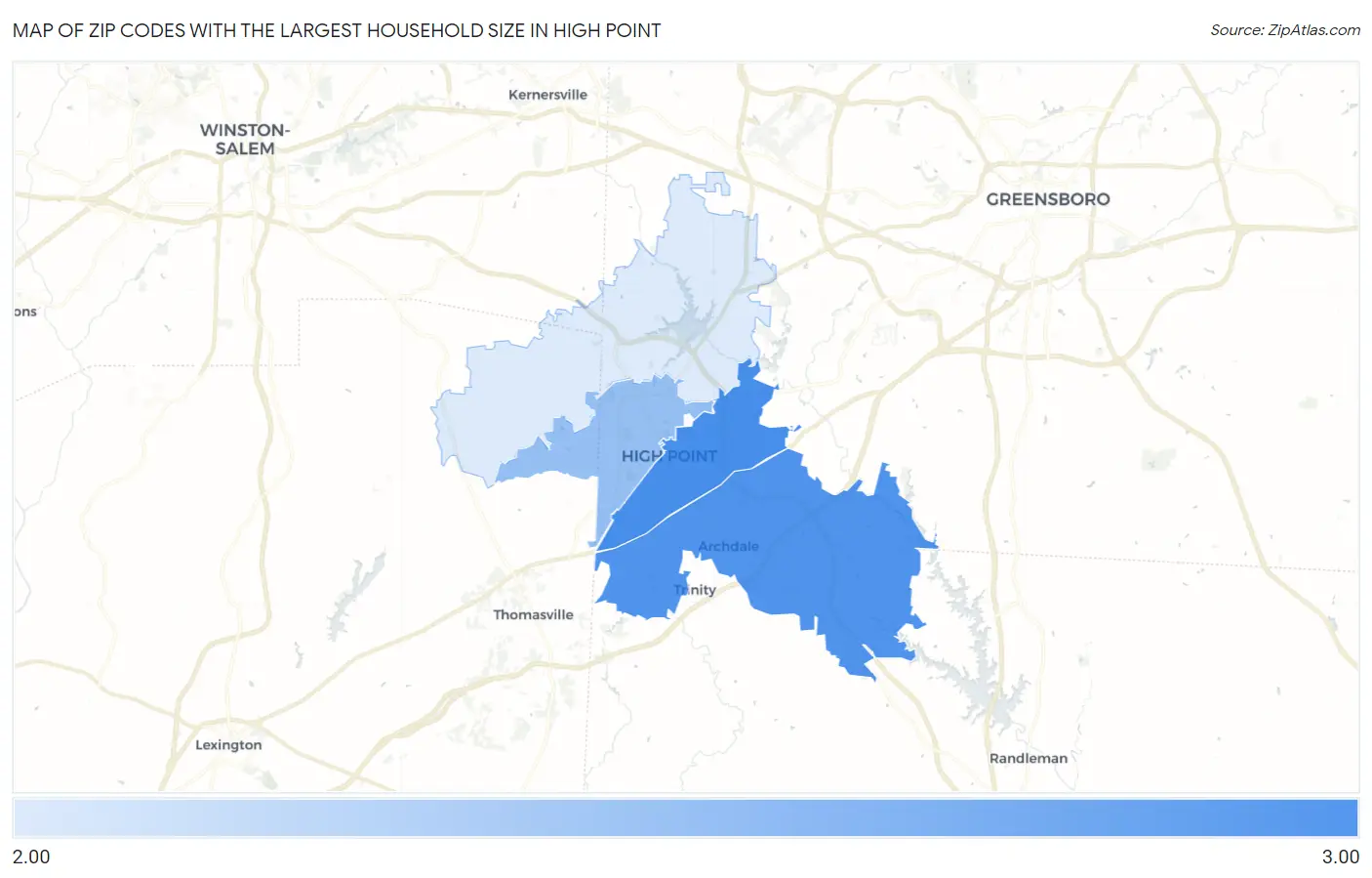 Zip Codes with the Largest Household Size in High Point Map