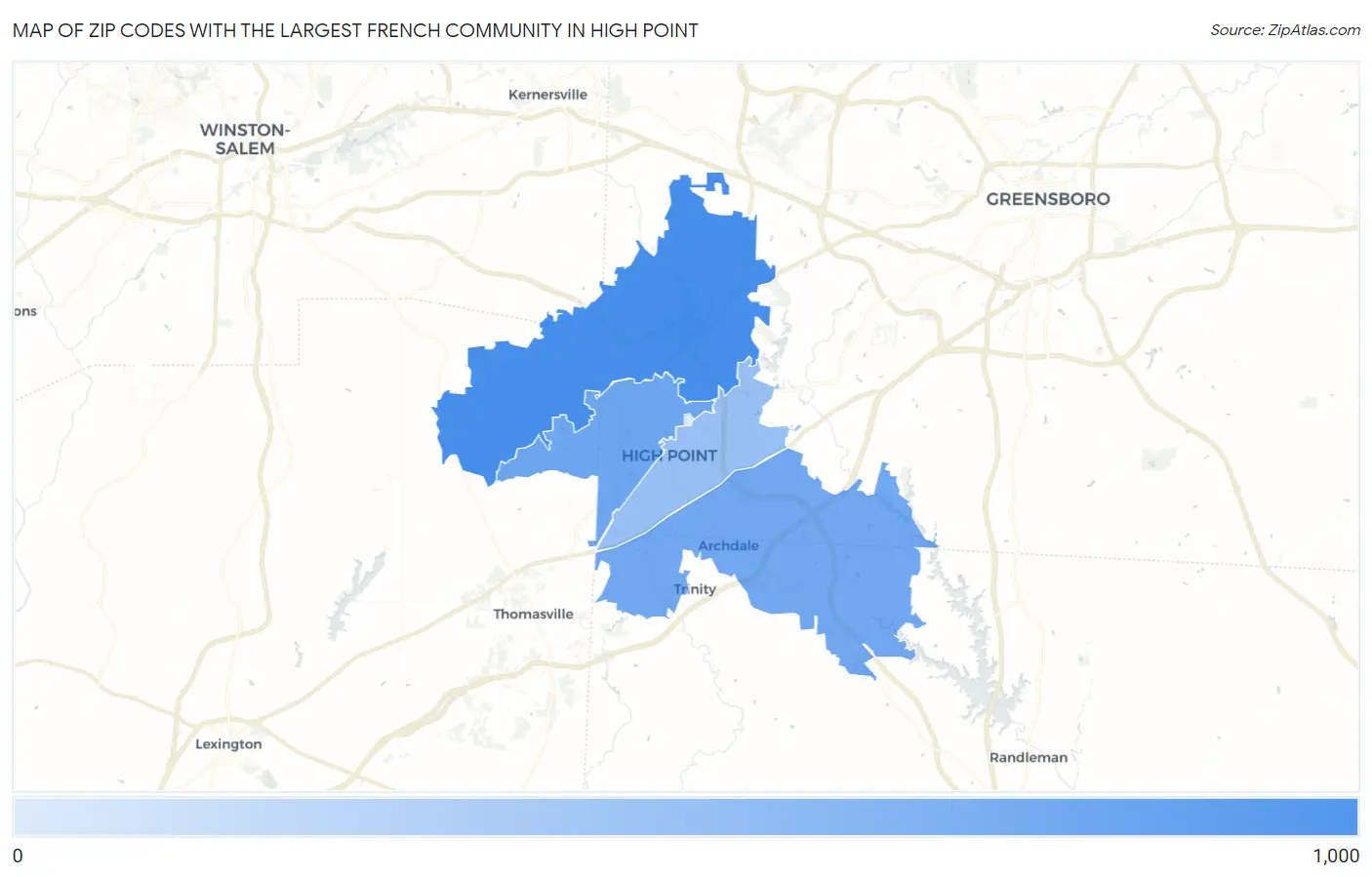 Zip Codes with the Largest French Community in High Point Map