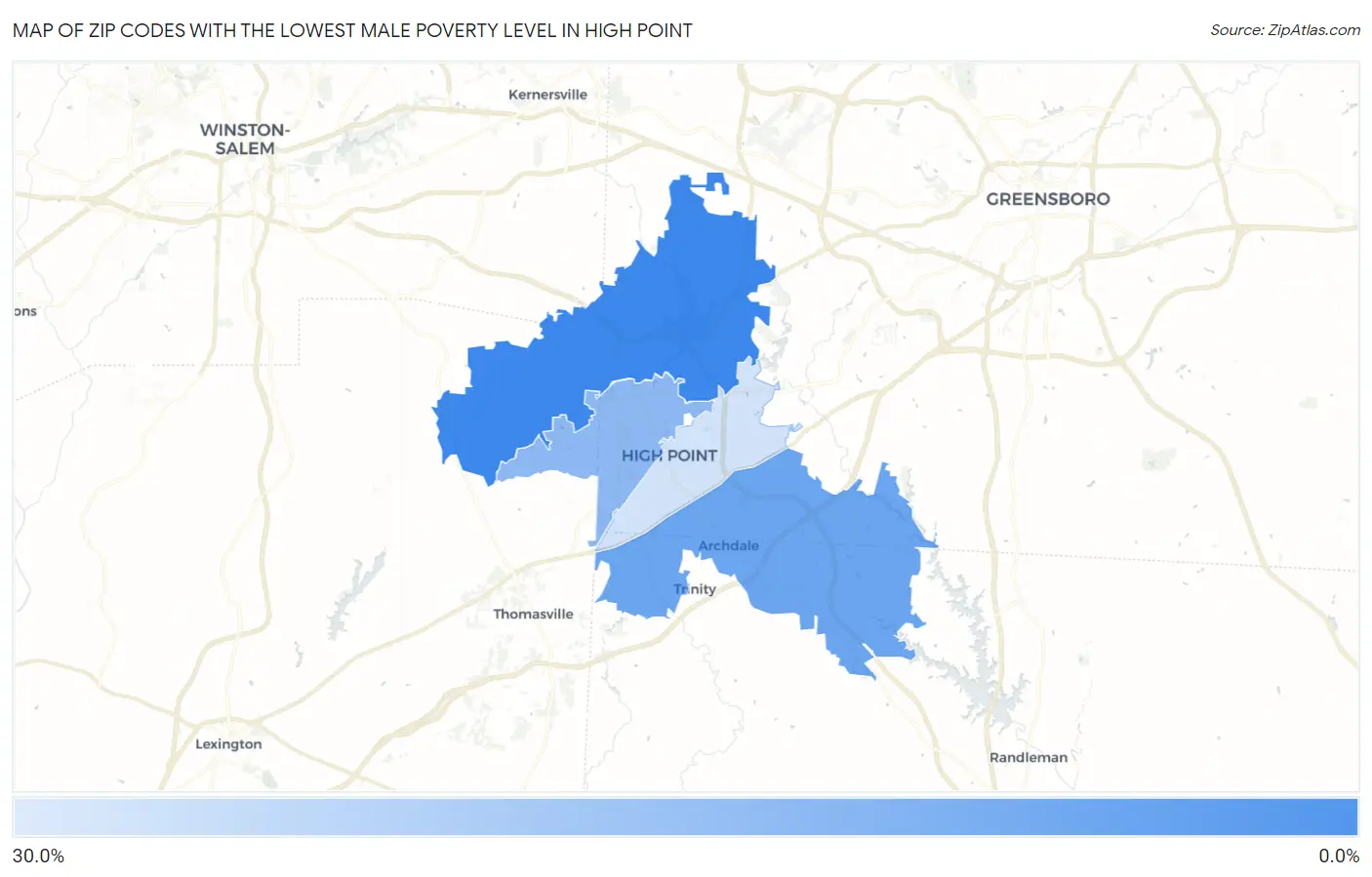 Zip Codes with the Lowest Male Poverty Level in High Point Map