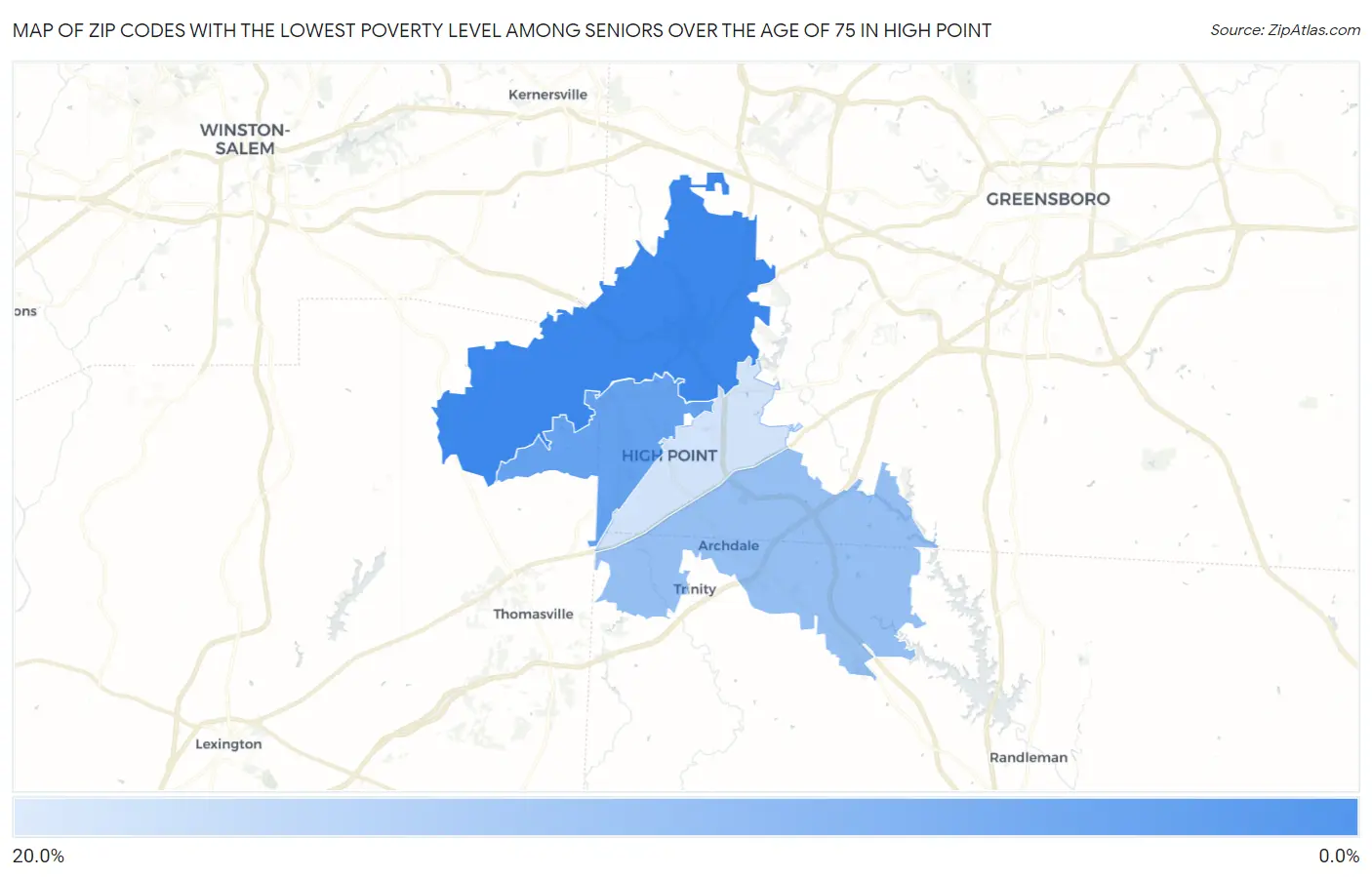 Zip Codes with the Lowest Poverty Level Among Seniors Over the Age of 75 in High Point Map