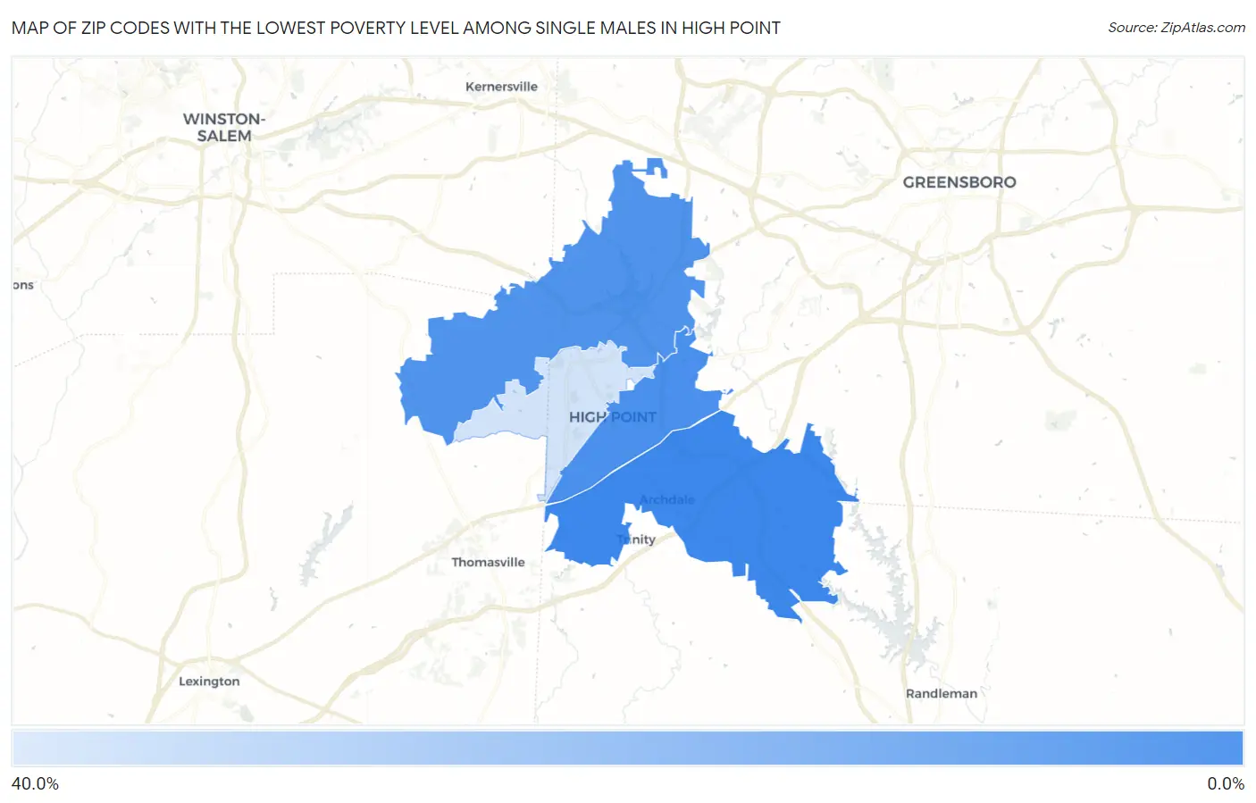 Zip Codes with the Lowest Poverty Level Among Single Males in High Point Map