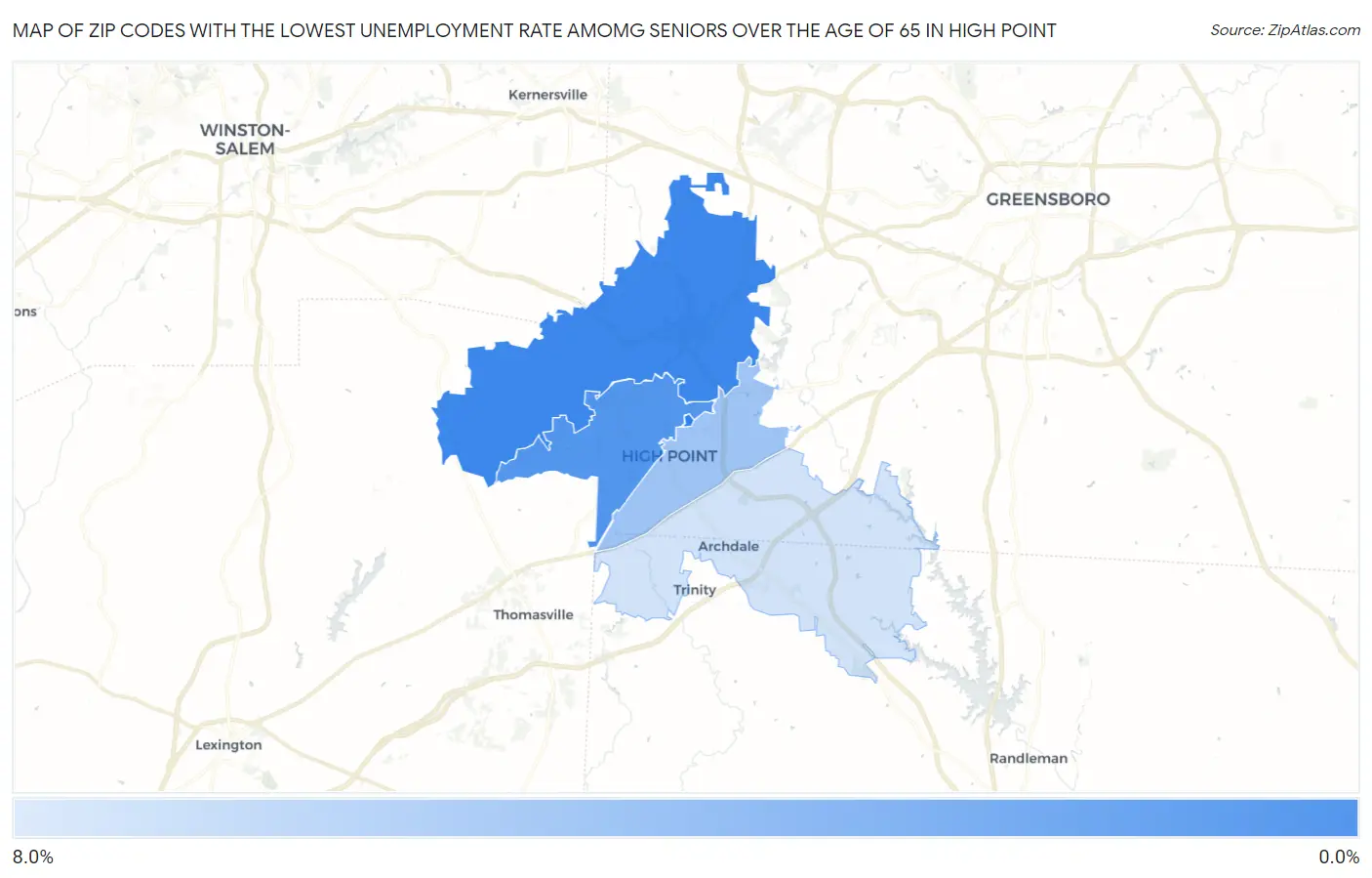 Zip Codes with the Lowest Unemployment Rate Amomg Seniors Over the Age of 65 in High Point Map