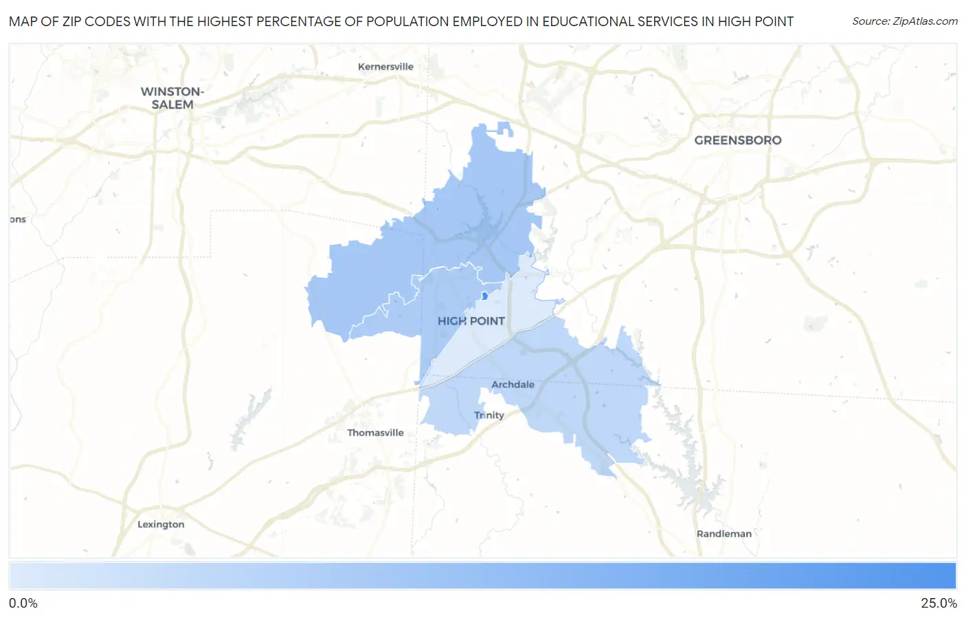 Zip Codes with the Highest Percentage of Population Employed in Educational Services in High Point Map