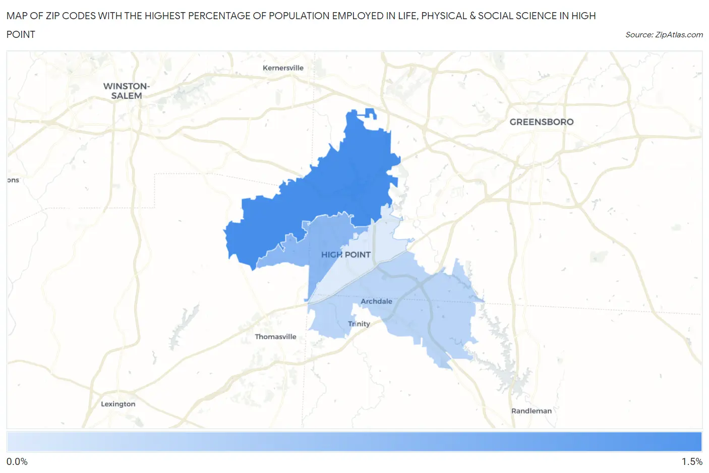 Zip Codes with the Highest Percentage of Population Employed in Life, Physical & Social Science in High Point Map