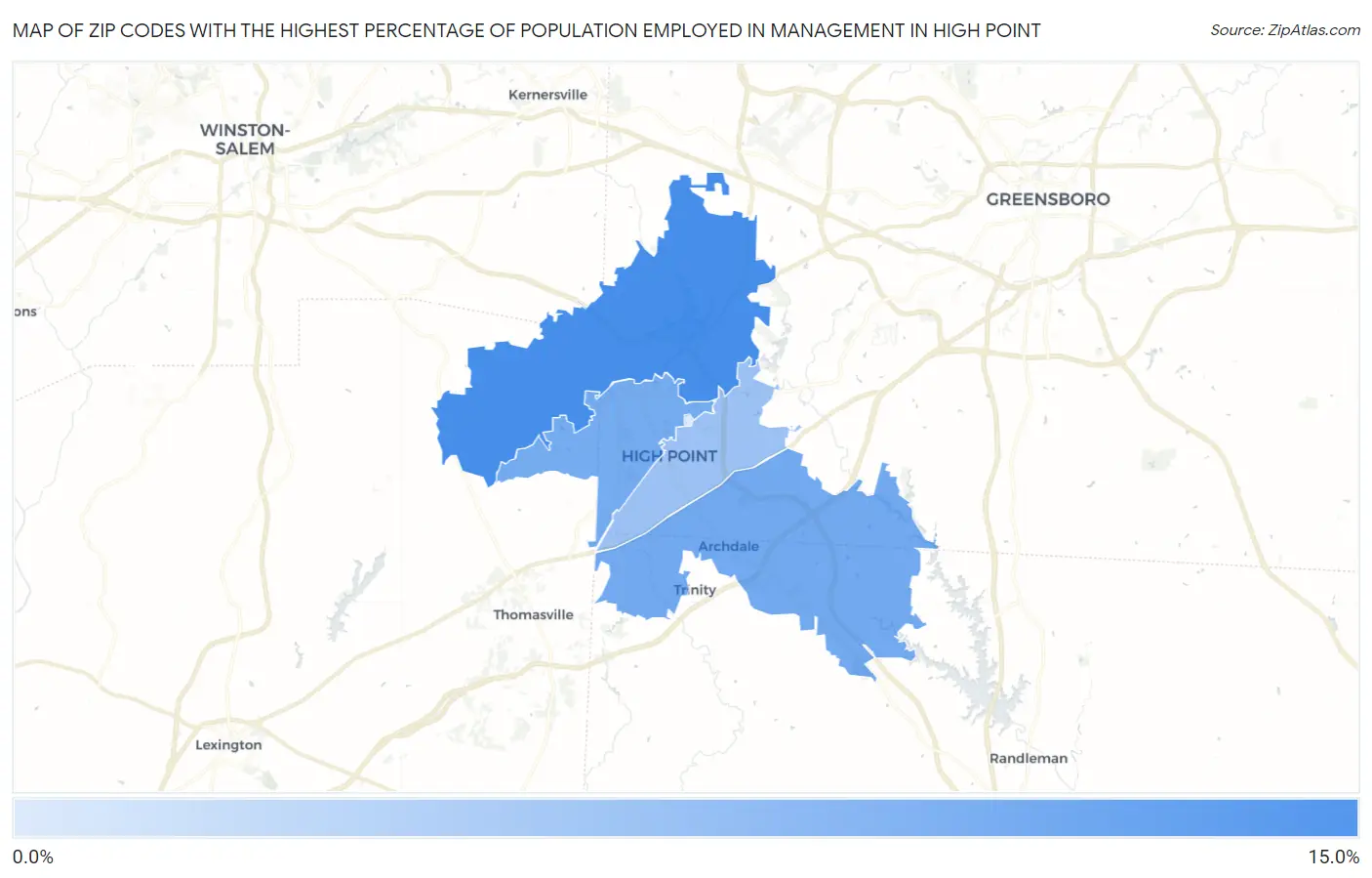 Zip Codes with the Highest Percentage of Population Employed in Management in High Point Map