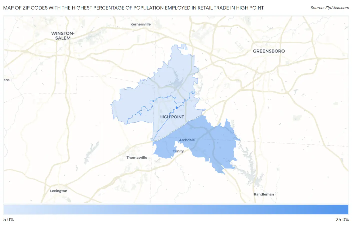 Zip Codes with the Highest Percentage of Population Employed in Retail Trade in High Point Map