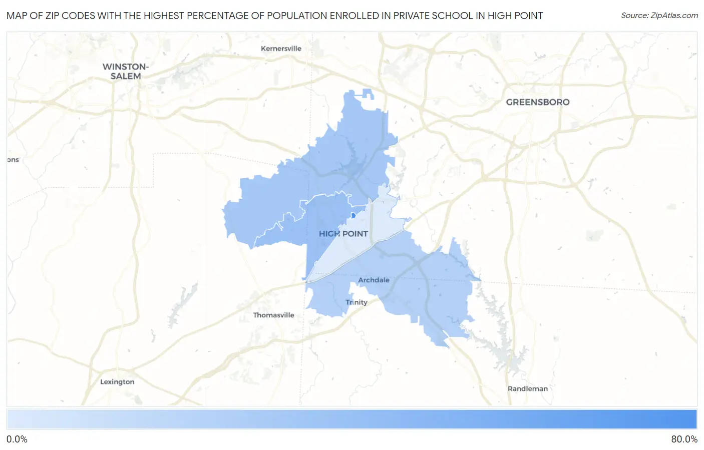 Zip Codes with the Highest Percentage of Population Enrolled in Private School in High Point Map